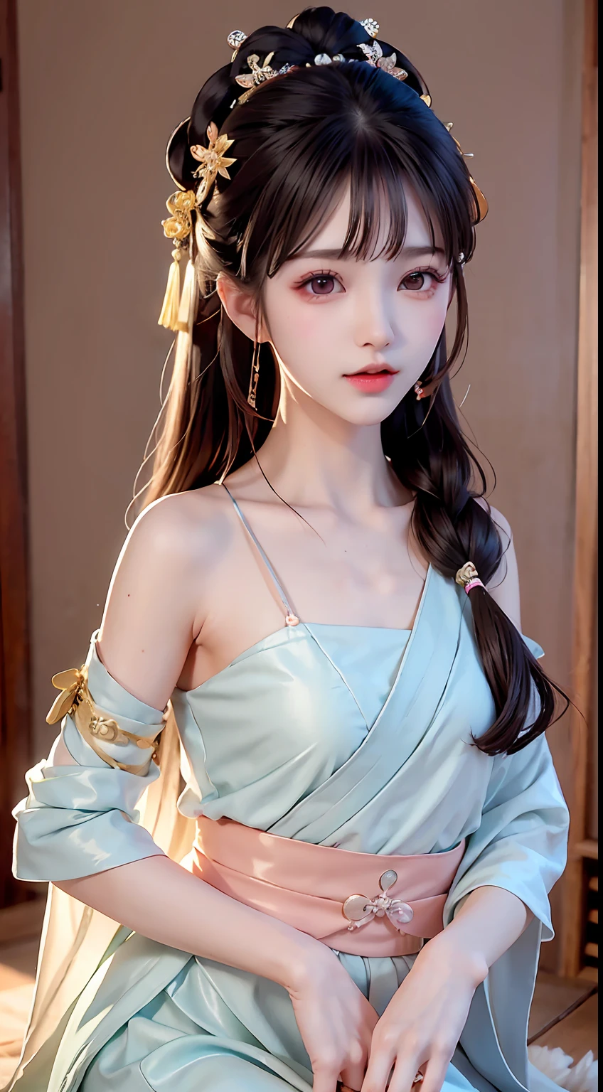 JK girl, girl wearing Japanese girls' school uniform, 8K, very high image quality, film texture, realistic, eating Japanese food, Japanese background, depth of field, tatami room, warm lighting, bow on chest, bangs, long hair over the shoulder, (playful eyes), double eyelids, deepening of the tail of the eyes, lying silkworm, bracelet on the wrist, scarlet lips, sparkling lips with texture, fine skin texture, brown sparkling pupils, (((eyes looking at the camera)))), slender fingers, ((round face)), ( ((small lips)))