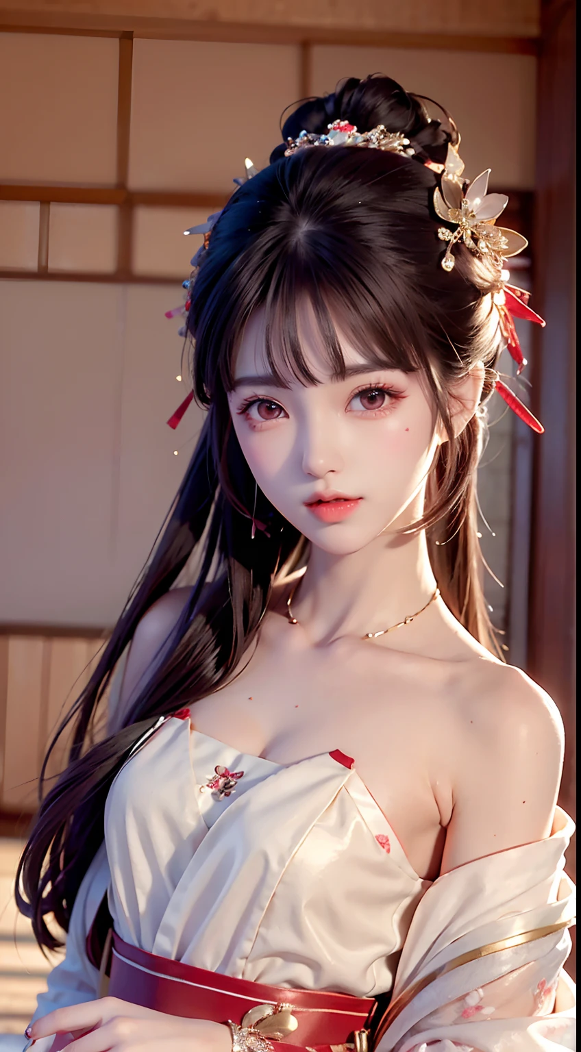 JK girl, girl wearing Japanese girls' school uniform, 8K, very high image quality, film texture, realistic, eating Japanese food, Japanese background, depth of field, tatami room, warm lighting, bow on chest, bangs, long hair over the shoulder, (playful eyes), double eyelids, deepening of the tail of the eyes, lying silkworm, bracelet on the wrist, scarlet lips, sparkling lips with texture, fine skin texture, brown sparkling pupils, (((eyes looking at the camera)))), slender fingers, ((round face)), ( ((small lips)))