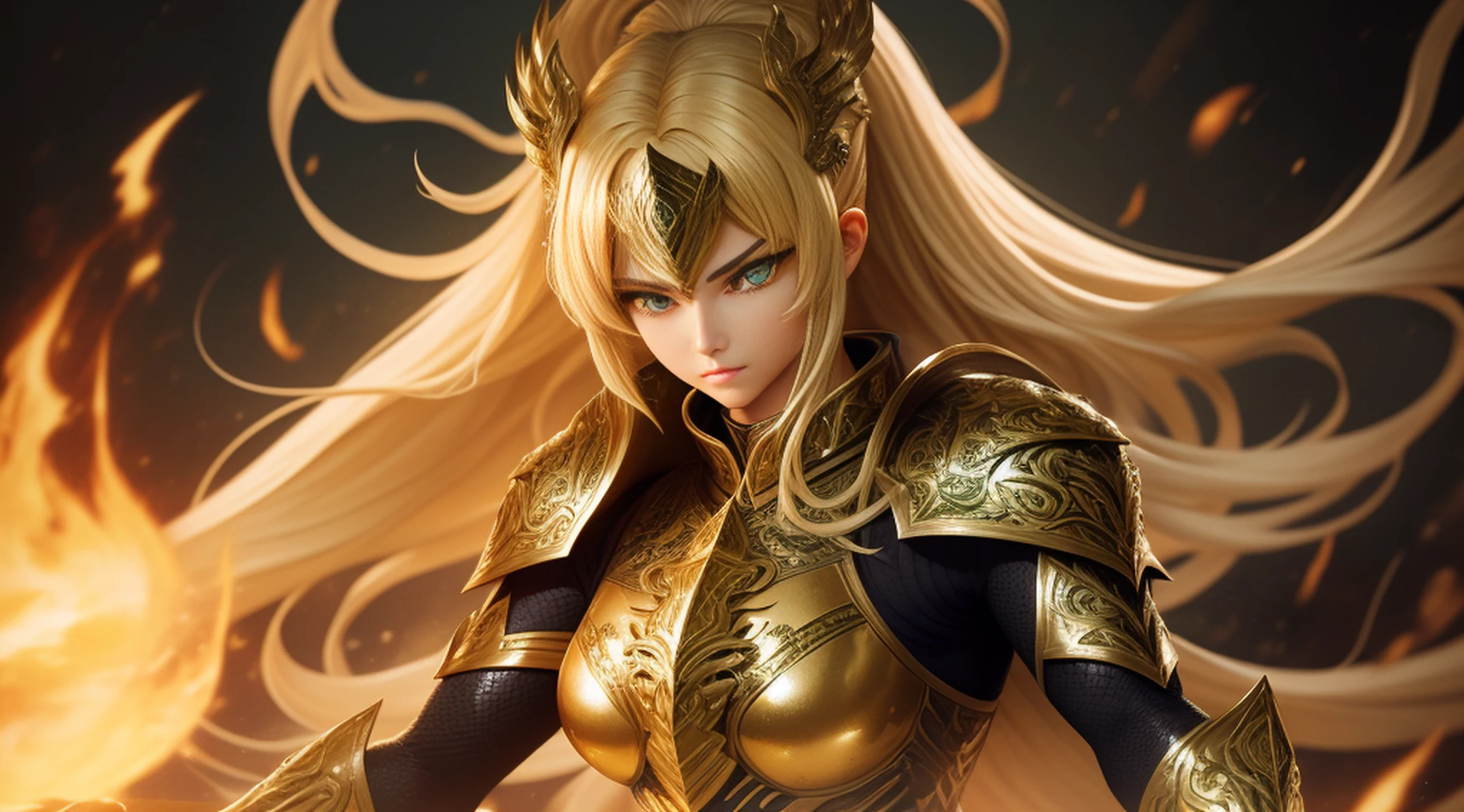 (1girl), wearing a heavy knight armor, dark armor, intricate black and gold armor details, intricate beautiful green fields, legendary, futuristic, saint seiya, long blonde hair, muscular, power pose, highly detailed background, fire in the eyes, aura power, highly detailed