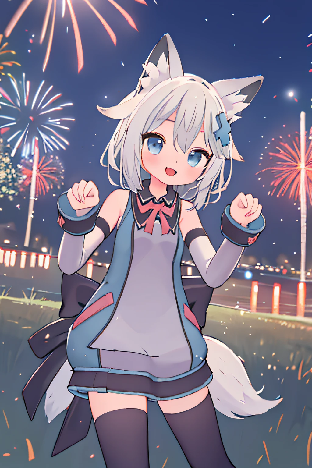 masterpiece, best quality, 1girl, solo, virtual youtuber, white hair, grey hair, hair between eyes, bangs, blue eyes, animal ears, animal ear fluff, tail, fox ears, fox tail, hair ornament, x hair ornament, dress, thighhighs, black thighhighs, sleeveless, detached sleeves, long sleeves, sleeveless shirt, bare shoulders, bow, outdoors, night, night sky, fireworks, summer festival, :d, paw pose,