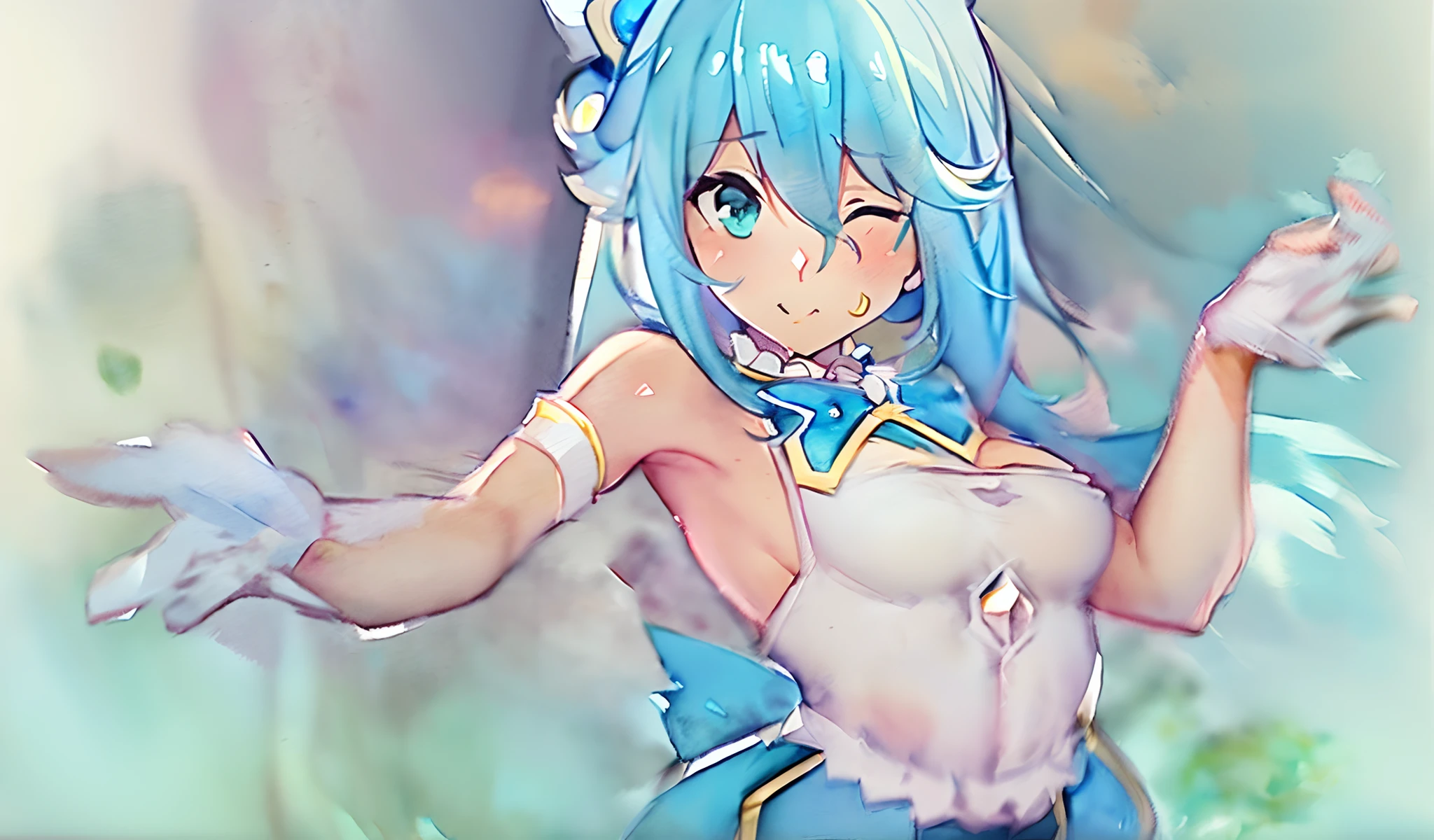 (Aqua from Konosuba:1.5),(sexy maid:1.2),(magical forest:1.2),(cutesexyrobutts:1.2),(RossDraw 2.5:1.1),(KDA:1.1),(WLOP:1.1),(Sakimichan:1.1),(watercolor:1.2)