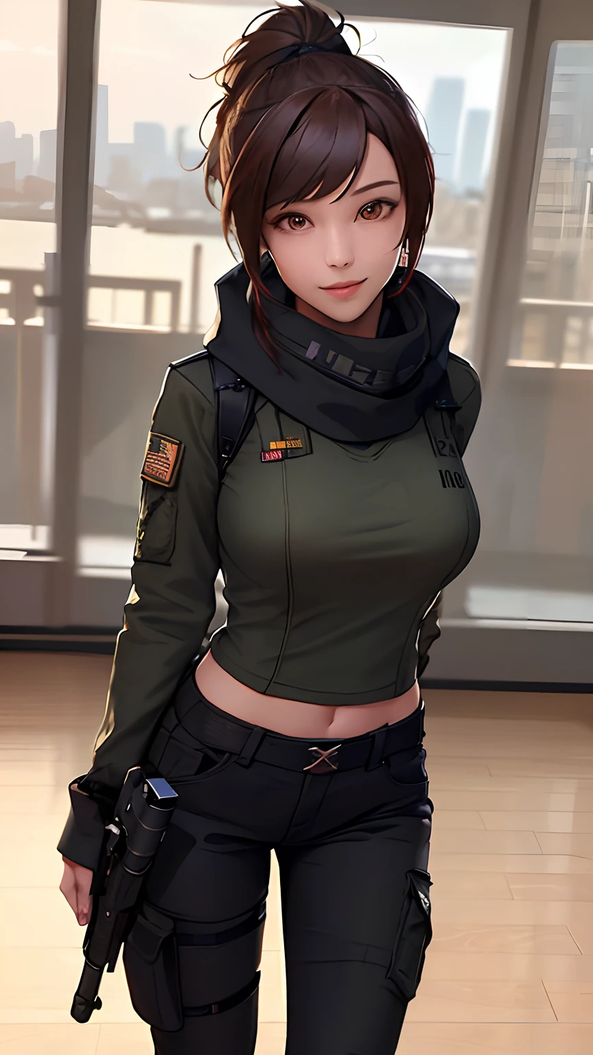 (masterpiece:1.2), (best quality:1.2), (ultra highres:1.2) ,(8k resolution:1.2),(sweet smile: 1.2),
sci-fi,girls frontline,near future,doomsday survival,
1 woman, black short hair tied ponytail , red eyes ,
Armed with an assault rifle, Wearing a Black heavy military jacket with lots of pockets,Black stockings, black scarf,Waist carry military magazine,high-tech exoskeleton legs, army uniform shirt and army cargo women pant
