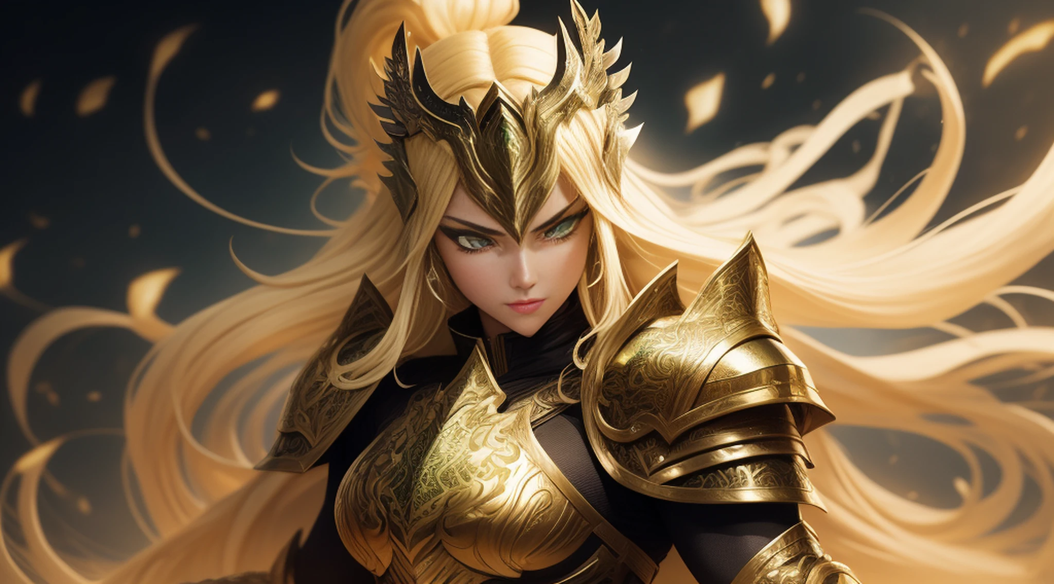 (1girl), wearing a heavy knight armor, dark armor, intricate black and gold armor details, intricate beautiful green fields, legendary, futuristic, saint seiya, long blonde hair, muscular, power pose, highly detailed background, fire in the eyes, aura power, highly detailed