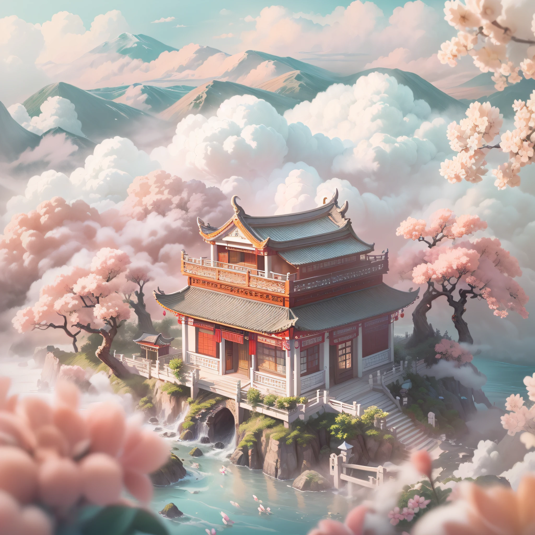 (2D illustration:1.5),Tilt-Shift, (Sea of white clouds:1.5), (White clouds:1.5), (peach blossom:1.2), (Small house on the white cloud), Soft lighting,Oriental elements, Dreamy, Pastel colors, Bright colors, Traditional Chinese color scheme, ( reasonable design, Clear lines, High sharpness,Best quality, Very detailed, Masterpiece, offcial art, movie light effect, 4K ),