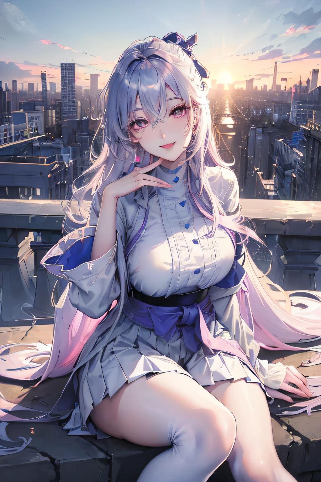 official art, masterpiece, sharp focus, (beautiful gorgeous cute Korean woman:1.3), (beautiful cute korean:1.3), korean beauty, Delicate and beautiful hair and eyes and face, realistic, ultra detailed, beautiful girl, blue sky, glow white particle, (sidelighting:1.2), sun light, white cloud, detailed clouds, slender, Lovely very large breasts and very large hips, smile with teeth, ((smile with eyes, open both eyes)), scenery, long straight hair, sexy facial expression, building, (cityscape:1.7), dynamic hair, long straight hair, detailed platinum purple hair, glow pink eyes, (blue pleated shirts + white skirt), white long socks, pale skin, hair ornament, epic scenery,