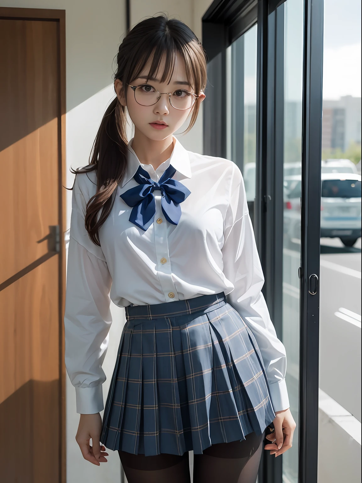 (long pony tail),(8K、Raw photography、top-quality、masterpiece:1.2),glamor,Chromo-white skin,cocky,School,watching at viewers,Looking at the front,Muchimuchi,Erotic,Pupils,(Light blue bra seen through the shirt),de pele branca,kne,((Black pantyhose)),absurderes,a small face,small tits,flat breast,Parting the bangs from the middle、Forehead visible,(a cold expression,Tight eyes,glares,Bullish,skinny,Rasping,irate)、masterpiece,top-quality、超A high resolution,Raw photo,ren,Beautiful fece,One Person, 独奏,eye glass,,Dark look,Small breasts,fullllbody,Round glasses,JK school uniform,hi-school girl,A Japanese Lady,is standing,(Photorealsitic:1.37)、Photon mapping,Realistic、Beautie,Cute little face,Brown-eyed、Black socks、(Red bow tie)、Radio City、Physically Based Rendering、depth of fields、Blurry background、a picture,Body,beauty legs, Long legs, Thin leg,(Bangs are visible), hair, s lips, Blue_The eye, nosesoft,(Light blue shirt), (Navy and blue and white plaid pleated skirt), Knees are visible,Sheer clothing,, Thigh, Black cotton socks,Nogizaka Idol, 女優, Japanese ido