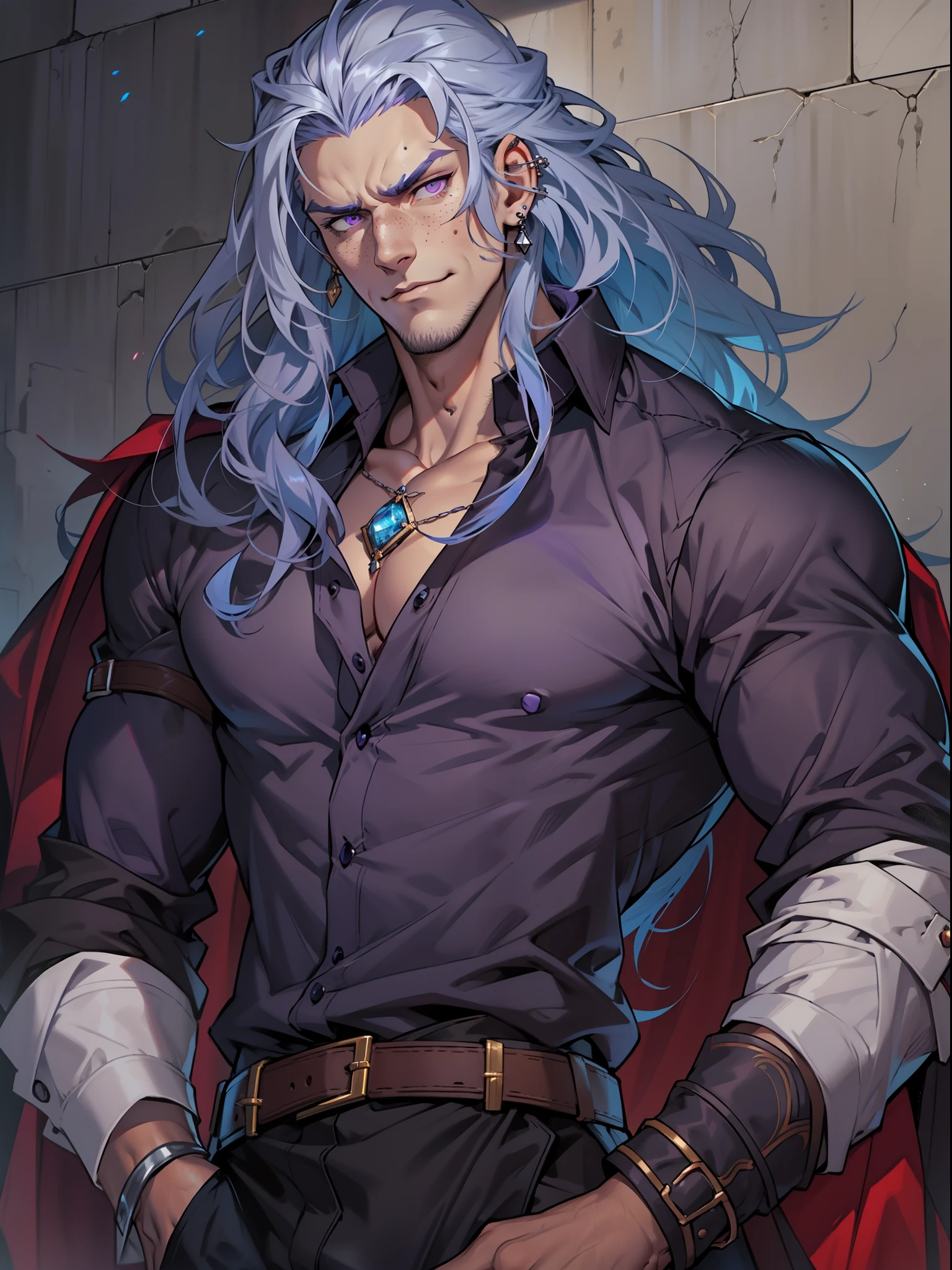 Handsome male. white hair. Long hair. Royal attire. Freckles. Piercings. Arrogant expression. Bara. brown skin. 9 ft tall. Big bulge in pants. Blue hair tips. Purple eyes. Black shirt. Mischievous. Sinister. Muscular body. Castle. Silky hair. red attire