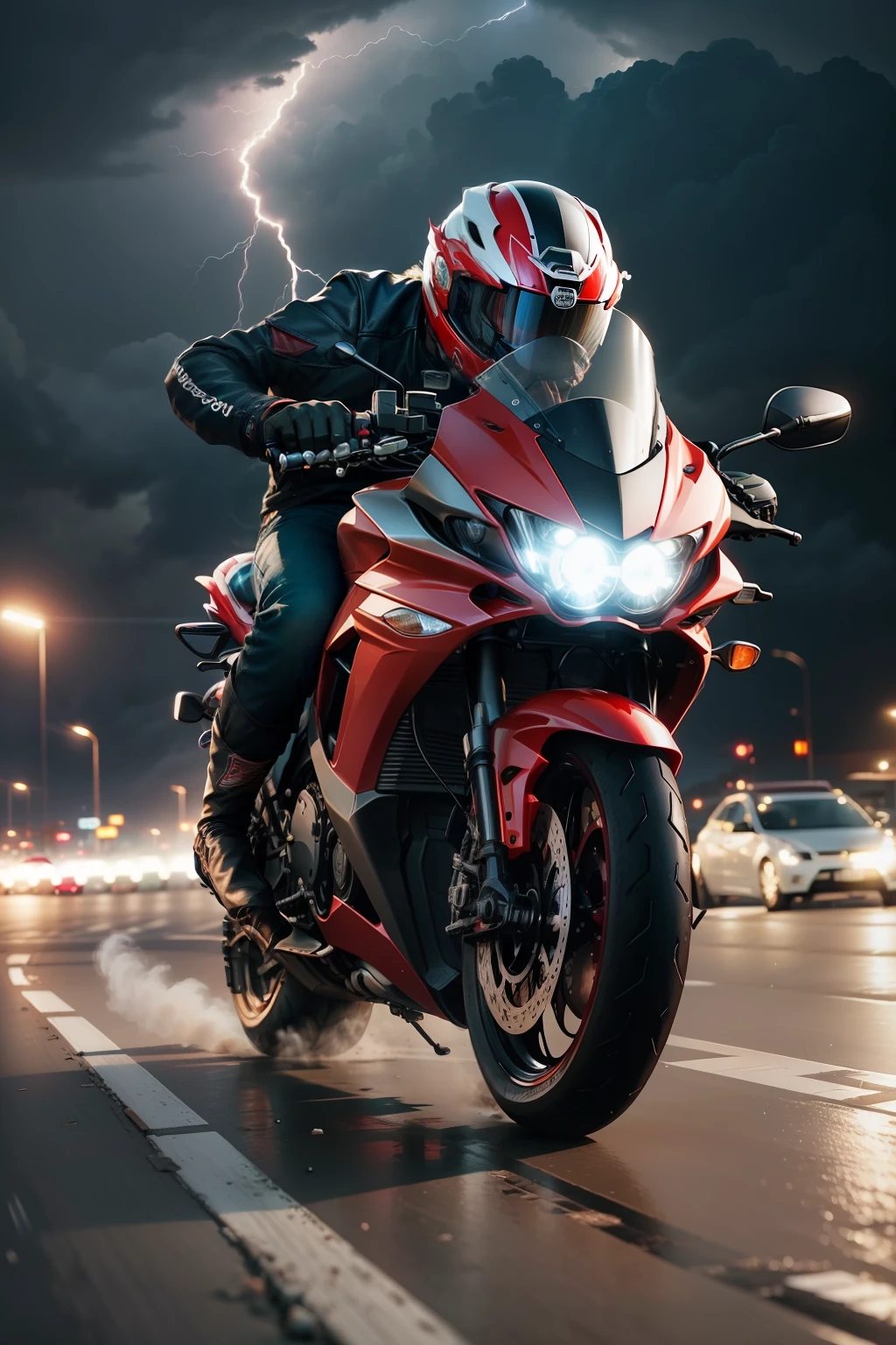 There's a man riding a motorcycle at high speed, and all around it has lightning as if it had gone fast, numa moto vermelha com capacete vermelho, um piloto de moto. com raios ao redor