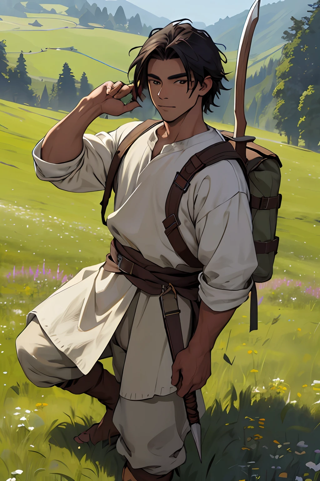 Desenhe um jovem aventureiro, Peasant, com roupas velhas, Safety a spear, In a meadow setting