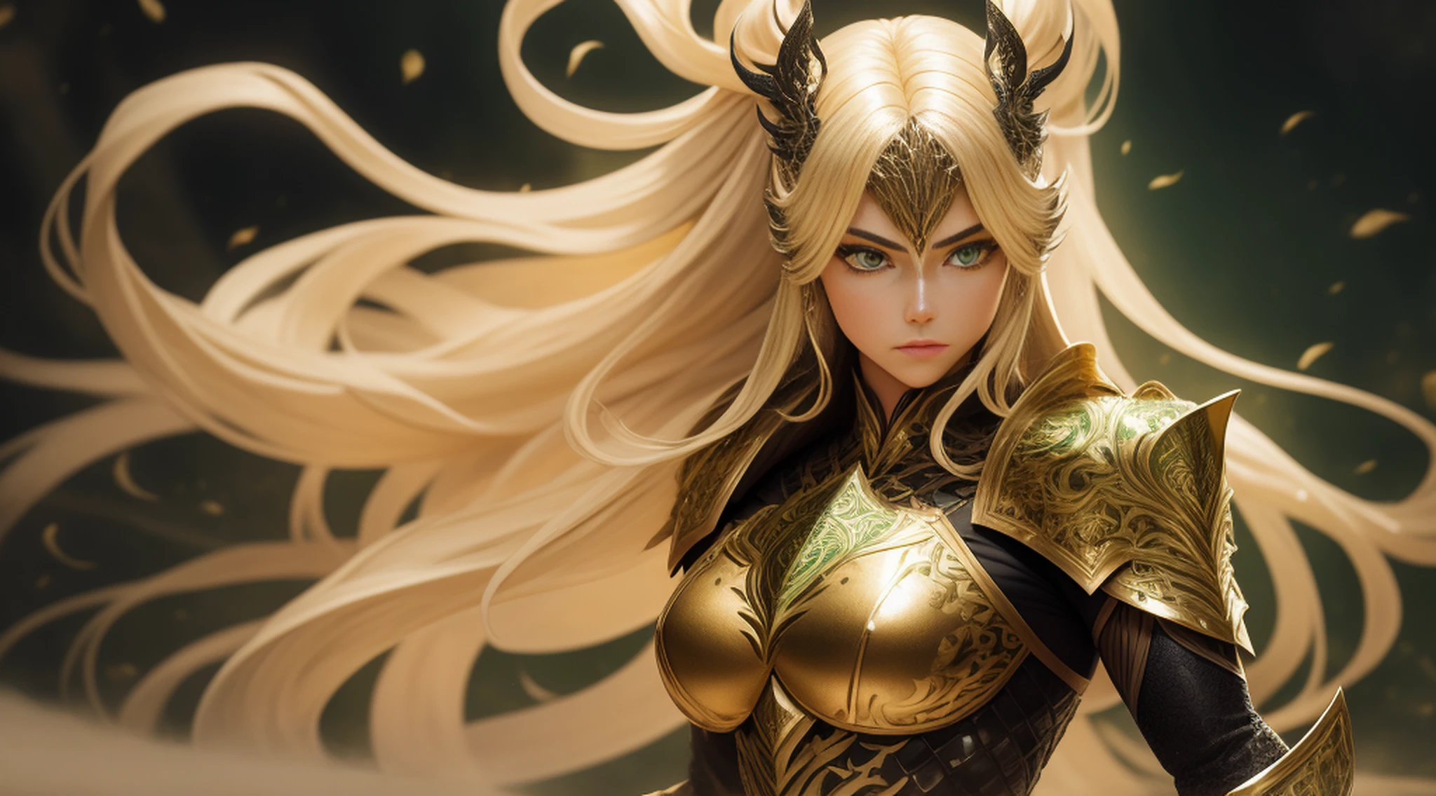 (1girl), wearing a heavy knight armor, dark armor, intricate black and gold armor details, intricate beautiful green fields, legendary, futuristic, saint seiya, long blonde hair, muscular, power pose, highly detailed background, fire in the eyes, aura power, highly detailed