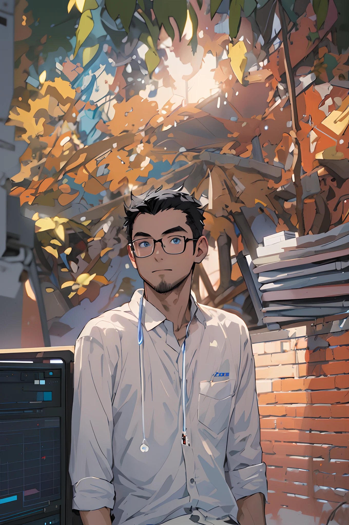 Best quality: 1.0), (Super High Resolution: 1.0), Anime boy, short black hair, blue eyes, sitting in front of computer playing games, background in esports room,