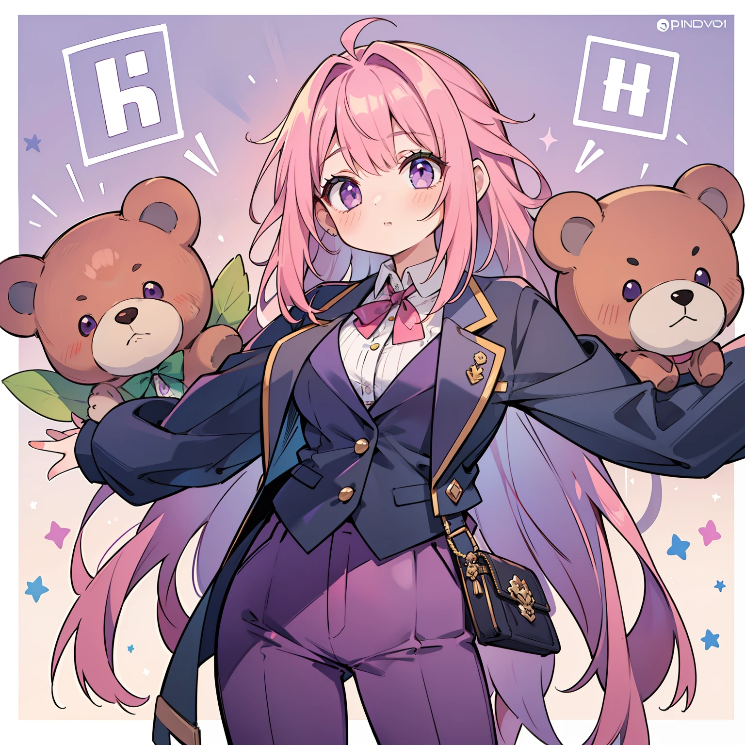 "A young girl (with pink hair, purple eyes, and green hair highlights) wearing a business suit stands confidently. Behind her looms a large and imposing brown teddy bear."