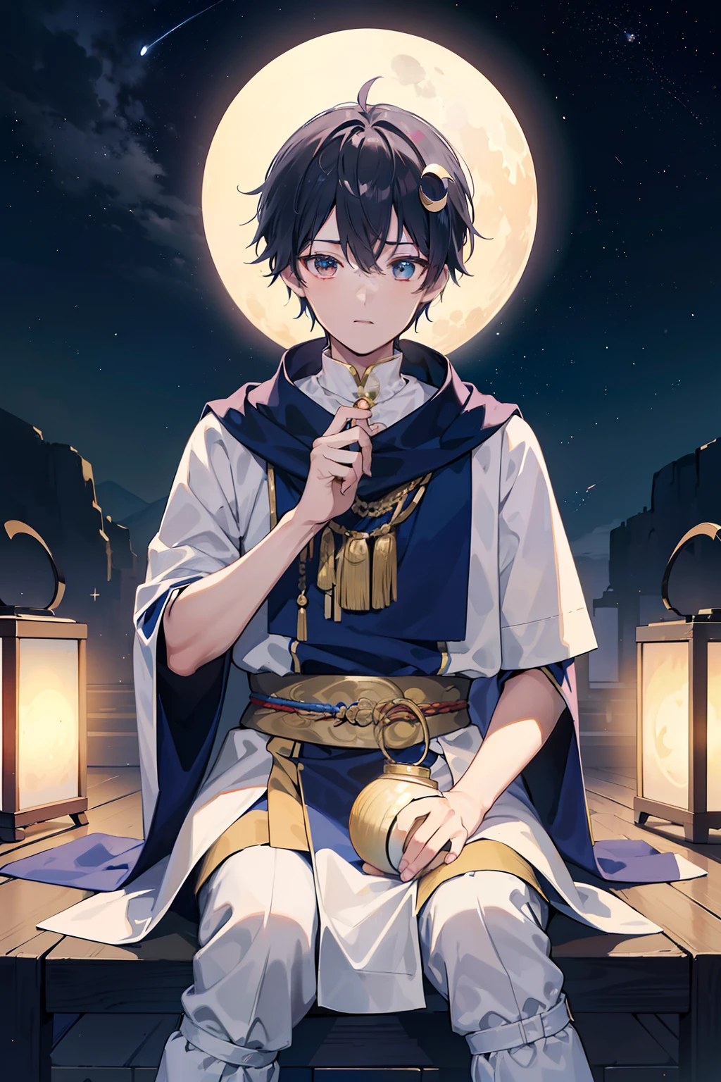 (top-quality、masterpiece)、(1boy、独奏、Physical education sitting、watching at viewers、)One boy sitting on a crescent moon、Dressed in national costume、ear ornament、Dressed in a traditional poncho、Mash、magic carpet、Physical education sitting、Very beautiful starry sky background、a moon、glinting、optic、Lantern dynamic、