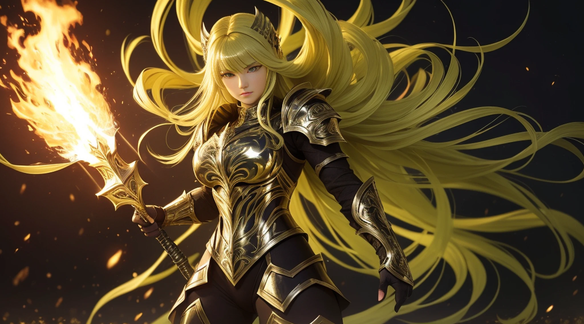(1girl), wearing a heavy knight armor, dark armor, intricate black and gold armor details, intricate beautiful green fields, legendary, futuristic, saint seiya, long blonde hair, muscular, power pose, highly detailed background, fire in the eyes, aura power, highly detailed