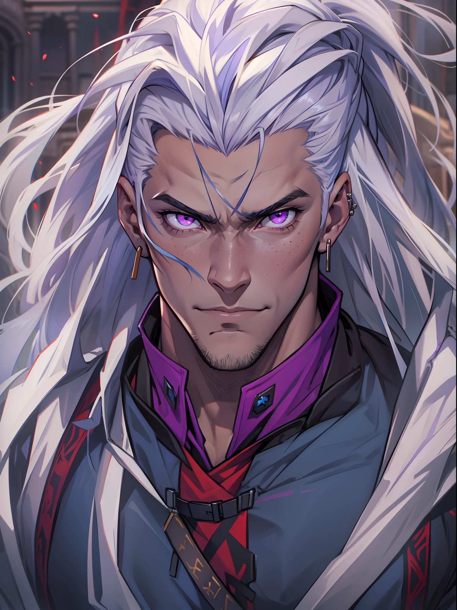 Handsome male. white hair. Long hair. Royal attire. Freckles. Piercings. Arrogant expression. Bara. brown skin. 9 ft tall. Big bulge in pants. Blue hair tips. Purple eyes. Black shirt. Mischievous. Sinister. Muscular body. Castle. Silky hair. red attire