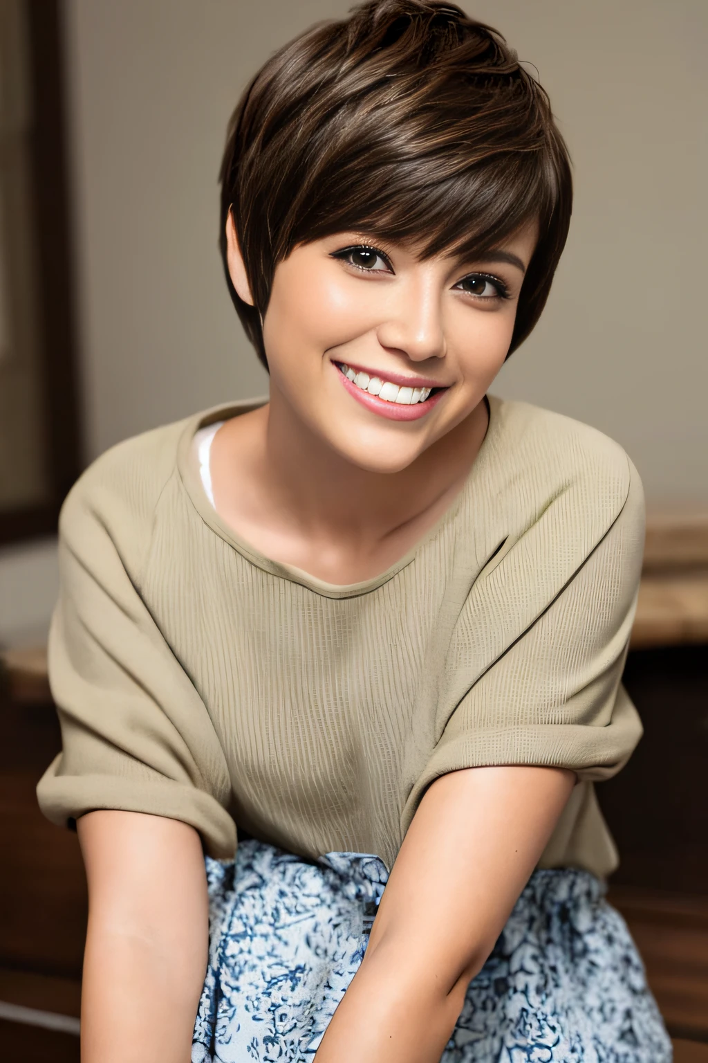 a pixie cut　A big smile　Brown hair