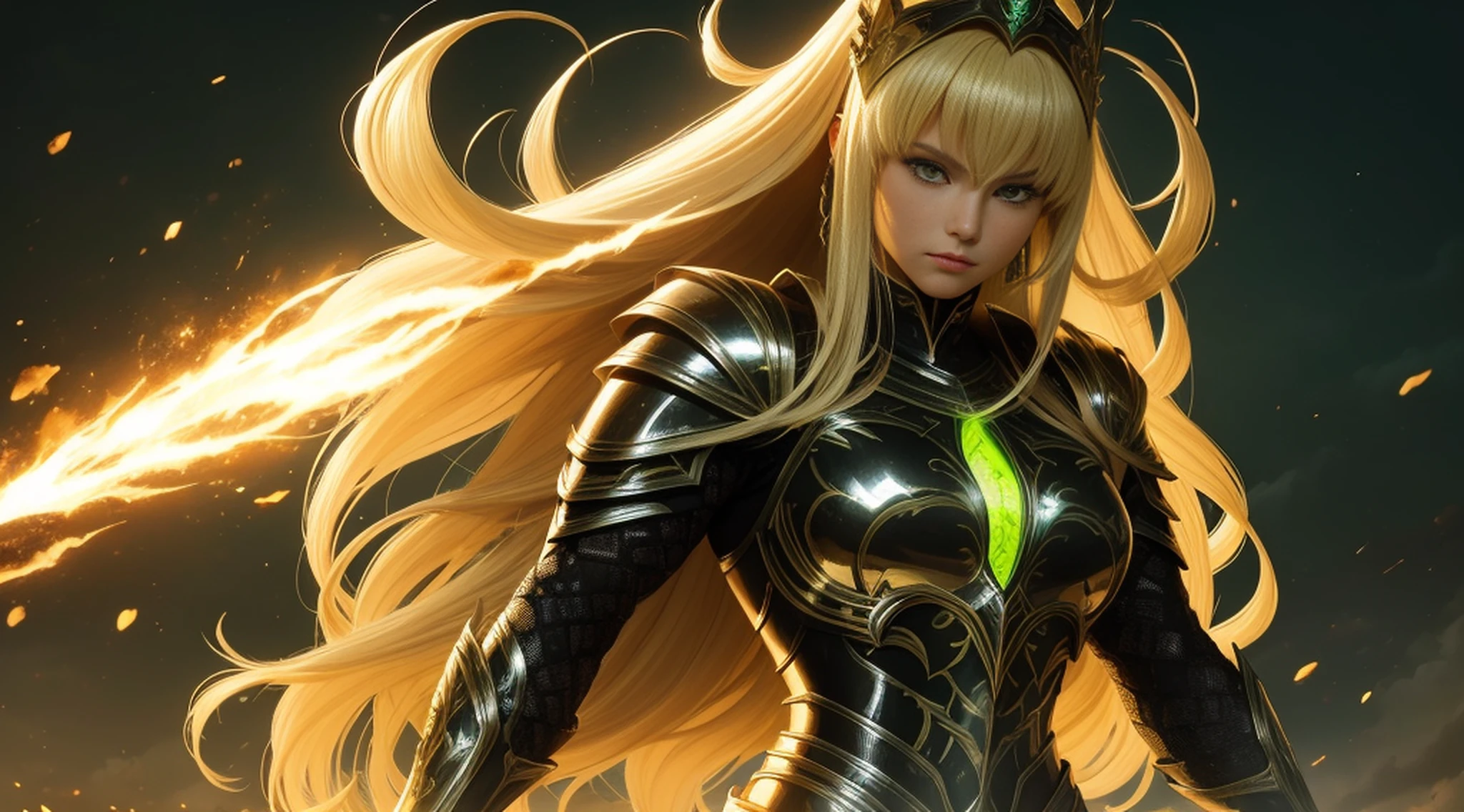 (1girl), wearing a heavy knight armor, dark armor, intricate black and gold armor details, intricate beautiful green fields, legendary, futuristic, saint seiya, long blonde hair, muscular, power pose, highly detailed background, fire in the eyes, aura power, highly detailed