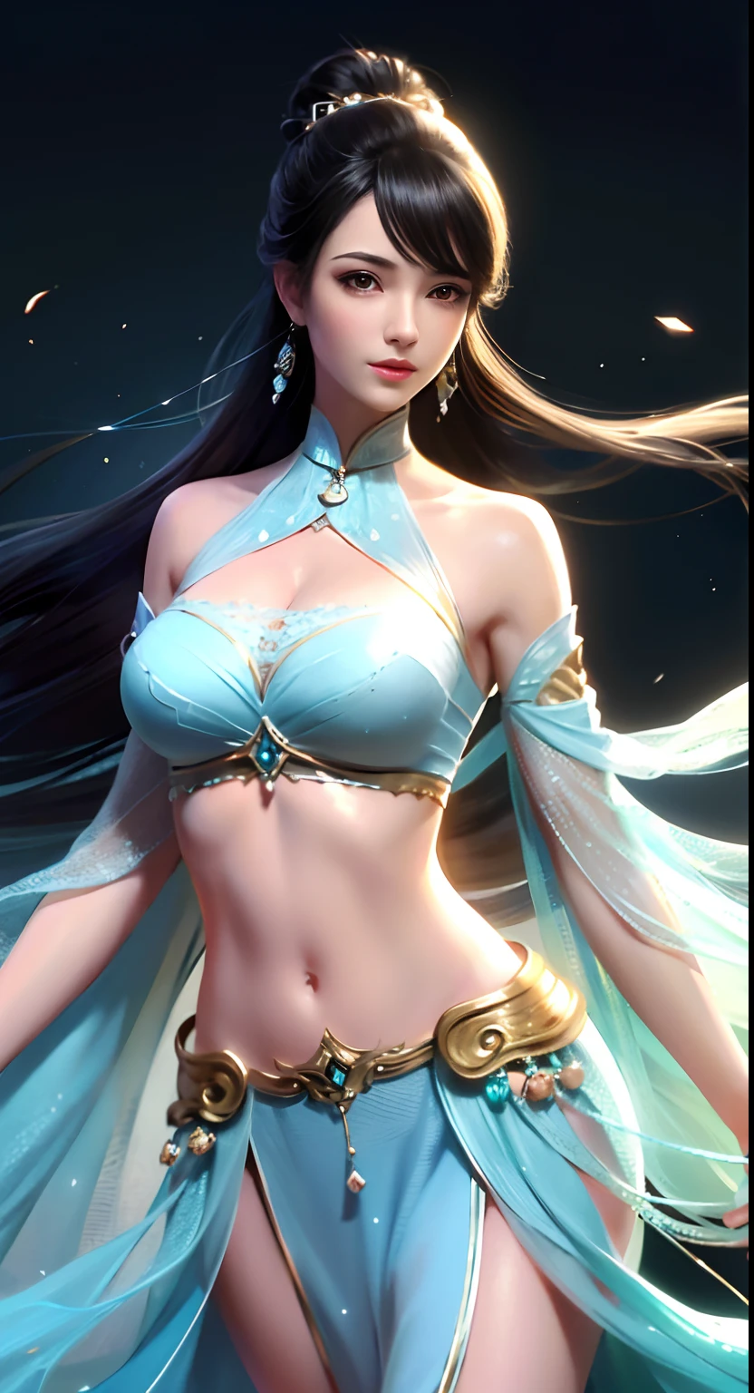 Bust photo, a beautiful woman, messy hair, girly, symmetrical bun, hair accessories, jewelry, delicate face, eye shadow, delicate cyan top, bare shoulders, navel, bare belly, Dunhuang style, a lot of streamers, delicate skin, soft light effects, delicate and smooth hair, delicate details, eye highlights, fair skin, fine portrayal, extreme details, cinematic quality, thin, slender, broken, hair details, thin bangs, shawl hair, correct body, shadows, air bangs, 8K, super detailed, Fine fabric texture, soft, supple, smooth texture, Dunhuang style, delicate pattern, correct hand painting, smile, tsurime, Surrealism, ray tracing, UHD, high details, super detail, highres, 8k, high quality, high details, textured skin, ccurate