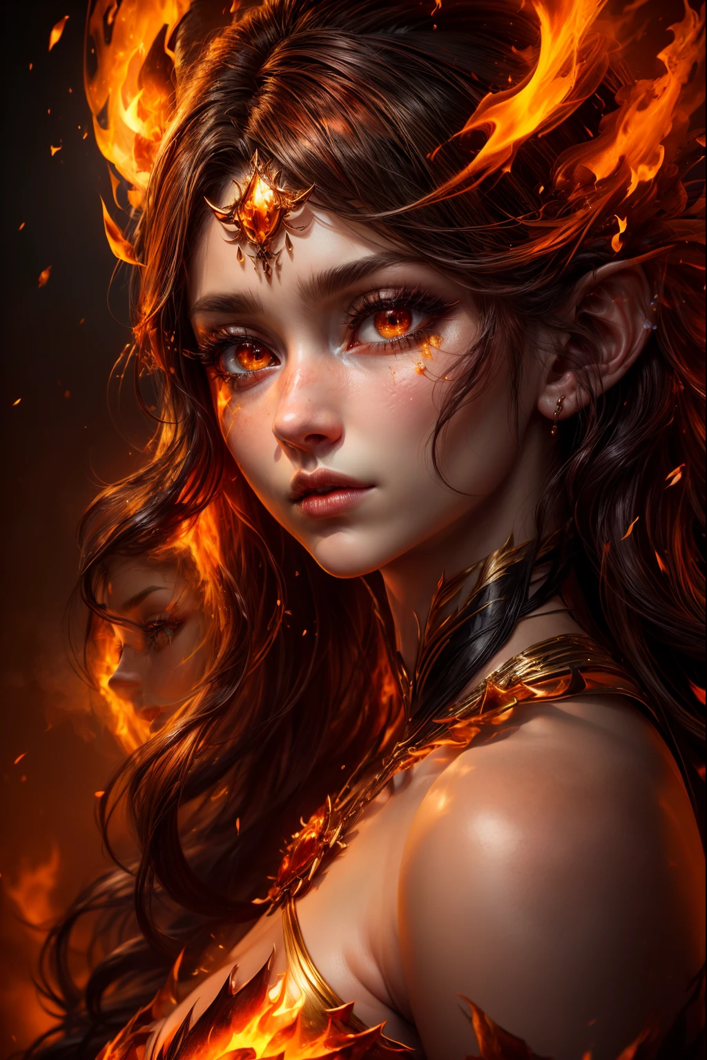 This (realistic fantasy) art contains embers, real flames, real heat, and realistic fire. Generate a masterpiece artwork of a ite female fire druid with large (((orange and gold))) eyes. The fire druid is awe-inspiring with beautiful ((realistic fiery eyes)) alight with confidence and power. Her features are elegant and well defined, with ((soft)) and (((puffy))) and (((smooth))) lips, elven bone structure, and realistic shading. (((Her eyes are important and should be the focal point of this artwork and are extremely clear and defined))), with ((extremely realistic details, macro details, and shimmer.)) She is wearing a billowing and glittering gown ((made of realistic flames)) and jewels that glimmer in the fire light. Wisps of fire and smoke line the intricate bodice of the dress. Include bumps, stones, fiery iridescence, glowing embers, silk and satin and leather, an interesting background, and heavy fantasy elements. Camera: Utilize dynamic composition techniques to enhance the realistic flames.