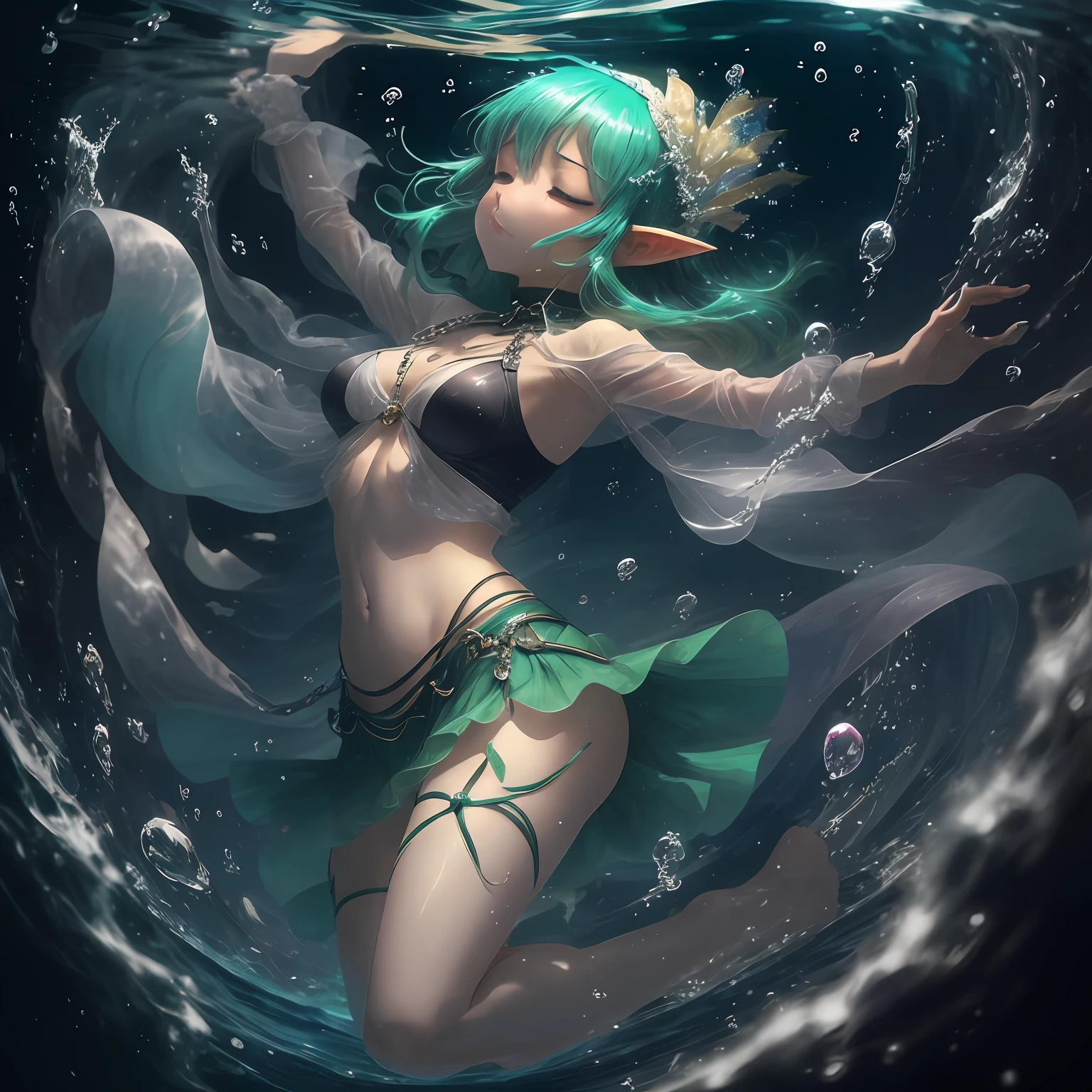1Man Elves、Dancer's clothes、Young Elves、Fluttering clothes、See-through,Implicit panty shots,translucent clothes、length hair、bright green hair、Hand flail、fetters、hands tied up、tied legs、Feet fixed on the seabed、Heavy chains、Freediving、Jump into the water、abyssal、Dive to the bottom of the ocean,Planktonic,Sinking to the bottom of the water、Looked、opened mouth、Pointed upwards、Twisted body、arched back、twisted hips、Weakened、Arched upper body、I turned my body around、Wriggled the whole body、legs open、Arms lifted、Feet swam、Belly dance、Legs opened、Dance with swinging hips、profile、Sensational dance、bblurry,sleepy、Lack of consciousness、limp、slept、lying back on、Many bubbles、Exhale、dynamic ungle、low angles、Cute art style, Highly detailed artwork,anime in fantasy style, Stylized anime,anime cover, anime fantasy illustration, Anime Artwork, Anime Art Style, beautiful anime art style