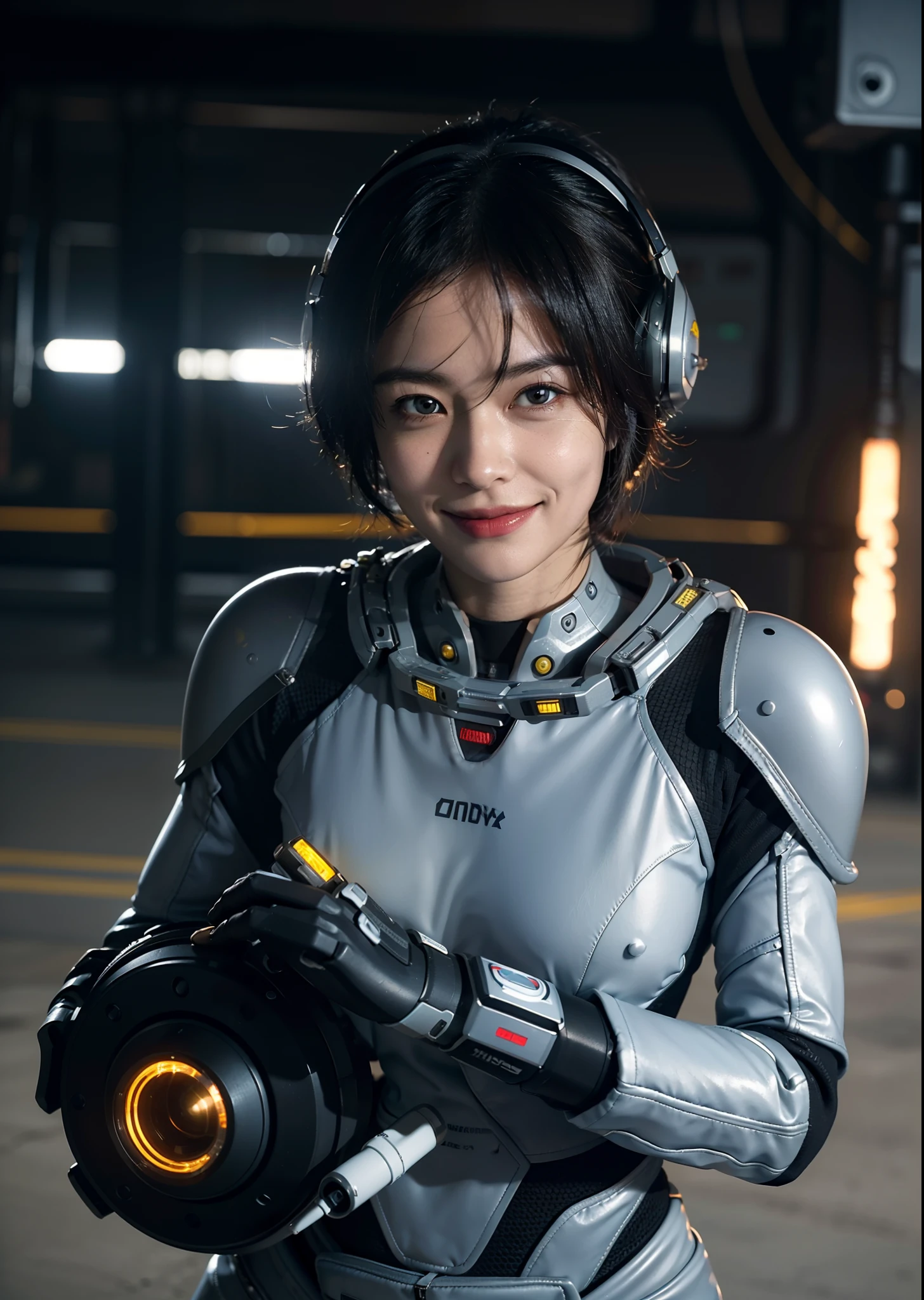 Highest image quality, outstanding details, ultra-high resolution, (realism: 1.4), ((cowboy shot)), the best illustration, favor details, highly condensed 1girl, (cyberpunk,cyborg), a delicate and beautiful face, (short hair), (wearing heavy armad spacesuit with helmet-ring-disconnecter, attached black and gray mecha, yellow pipes and codes, flanges, radioactivity mark), ((revealed only head)), ((smile)), nobody rocket-launcher platform