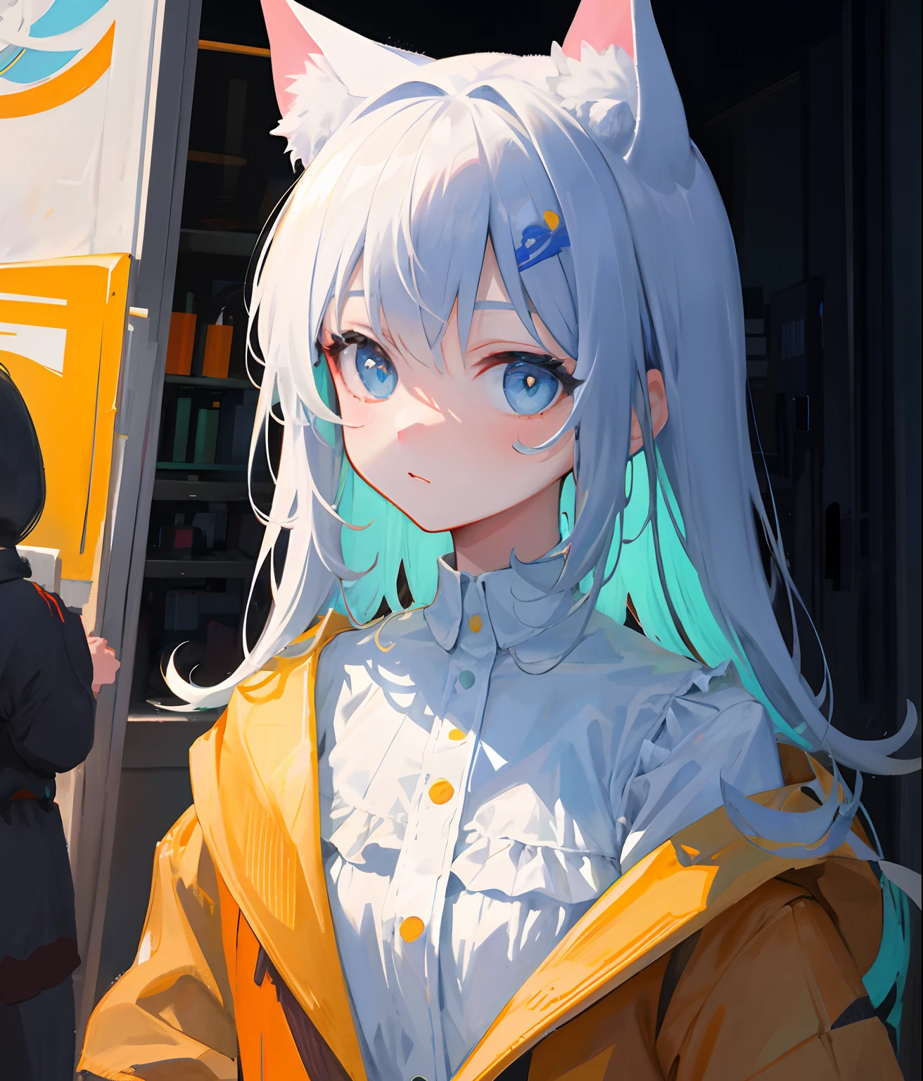 (Flat color:0.9),(Colorful:1.1),(Masterpiece:1,2), Best quality, Masterpiece, A high resolution, Original, extremelydetailedwallpaper, view the viewer,,,1girll,Solo,cat ear