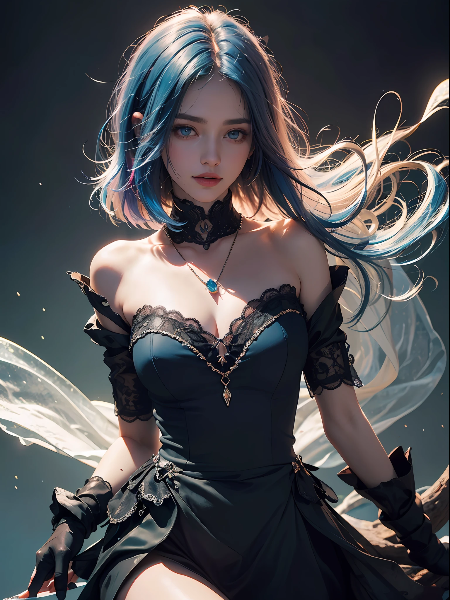 Unbeatable masterpiece, Ultra photo realsisim, Perfect artwork, Intricate details, Best quality, Strong light,High contrast, (Masterpiece) , (Best quality) , (Ultra-detailed) , illustration , Dynamic Angle ,lgirl , full_Body, Colorful, Beautiful detailed eyes , Colorful , Translucent hair , (glowing inner hair) , the perfect appearance ,Dark blue hair , Green eyes , (bobcut:1.25) , Smile, (luxury clothes:1.15) , lace elbow gloves , (Flat color) , (Sapphire necklace:1.2) , Delicate,Transparent, Beautiful, element in, Ethereal, Pure, abyssal, Intricate, Surreal, exposure blend, Medium shot, Bokeh, (hdr:1.4), High contrast, (Cinematic,Spanish red ), (pastel colour, dim colors, soothing tones:1.3), (ultra - detailed:1.2), (Nero:0.4), Master composition ,