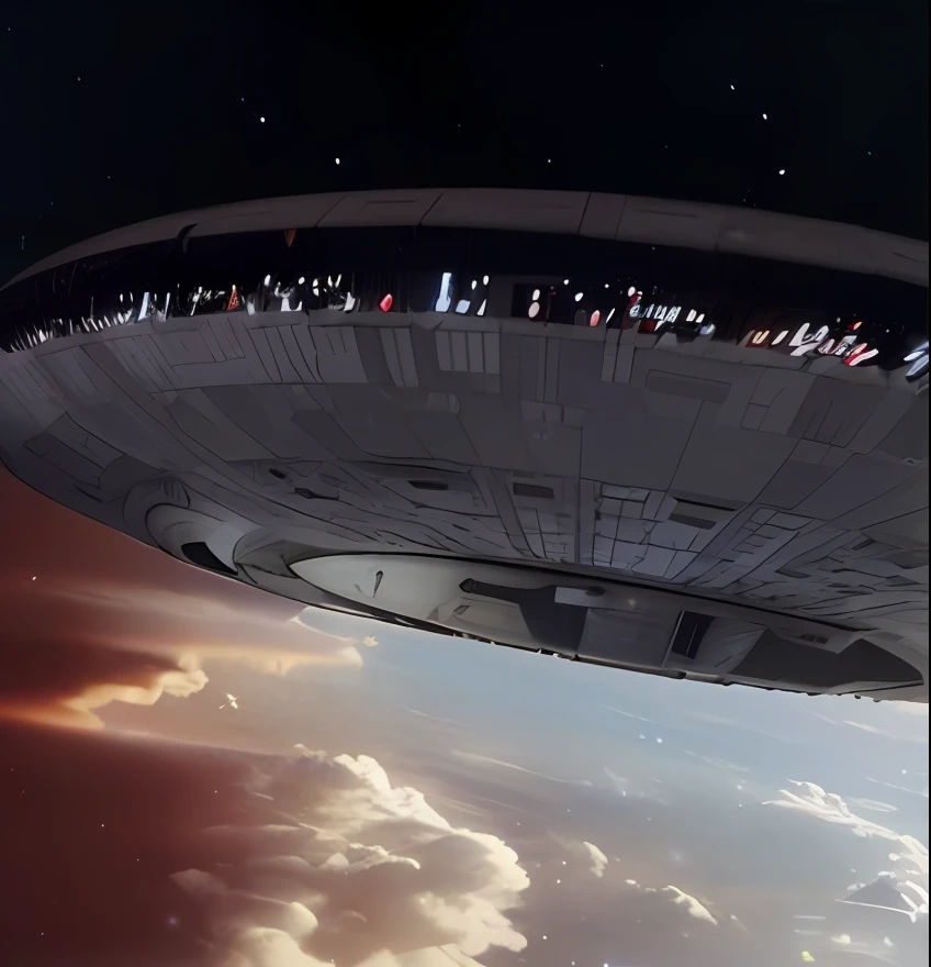 Spaceship flying over Earth in the sky with clouds, ilm of an epic science fiction, In the cinematographs and 2001 A Spaceodyssey, de Star Wars (1977), Space Odyssey 2 0 0 1 ( Film ), of a UFO propulsion system, Screenshot of cinematic and Star Wars, No estilo Roger Deakins, Sobre o Nostromo