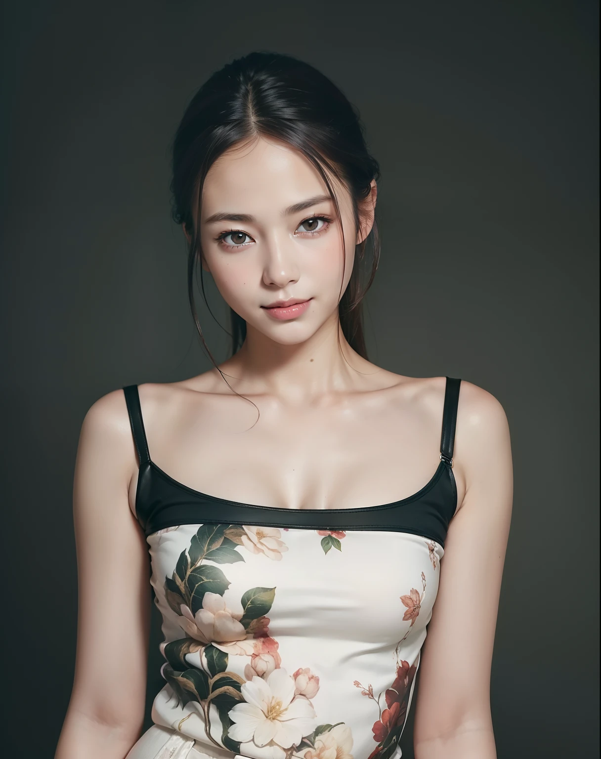 (8k, RAW photo, best quality, masterpiece:1.2), (realistic, photo-realistic:1.37), ultra-detailed, ultra high res,1 girl,looking at viewer,beautiful detailed face,smile,narrow,(slim waist:1.3),shirt, beautiful detailed skin, skin texture, floating hair,professional lighting,