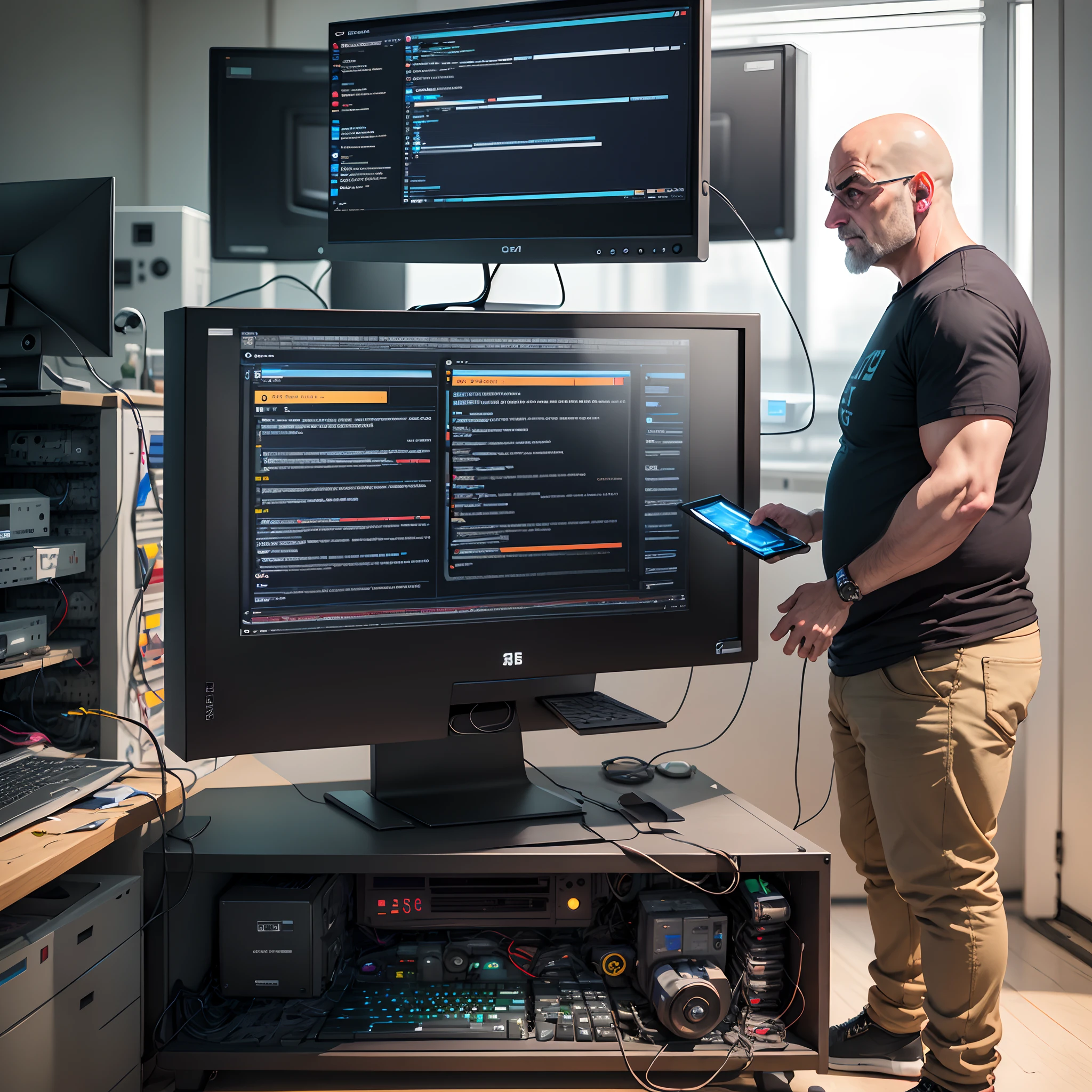 arte conceitual Computador RetroFuturismAI, bulky monitor with a bald man of 36 years average physical size operating the data from computer.