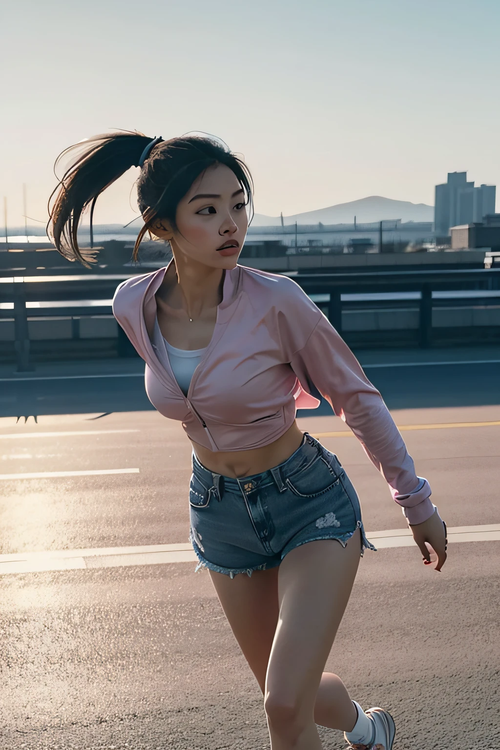 "1个Giant Breast Girl，Run alone，Jacket on a gray runway，pink short，pony tails，Showcasing her sporty body and flexible brushstrokes，Smooth and dynamic movements，Creates a dreamy, ethereal atmosphere in light pastel tones，Portrays her running with dynamism and elegance，The wind blew her ponytail and clothes，As well as the surrounding views。outdoor environment，Detailed depiction of the background of a modern metropolis。"