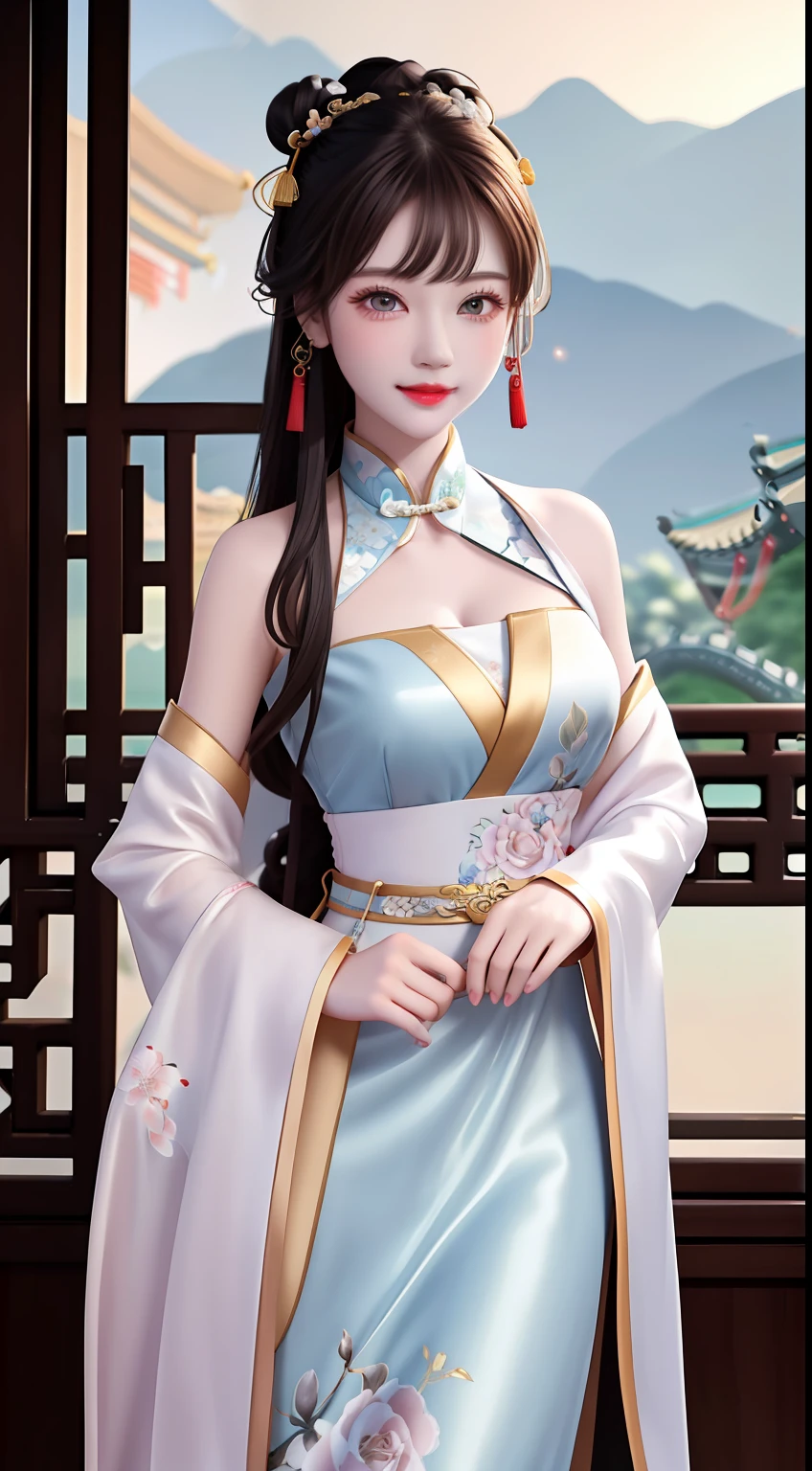 Need,tmasterpiece,A high resolution,1girll,Blushlush,(Seductive smile:0.8),starpupil,Chinese shoulder suction red Hanfu,hair adornments,choker necklace,trinkets,beautfully face,On_Body,Tindal effect,Lifelike,Shadow room,Light edges,Two-tone lighting，（highdetailskin：1.2），8K, Ultra HD，Slr，softlighting，high high quality，Volumetriclighting，Candid camera，photore，A high resolution，4K，8K，Antique bust photo in the background: A girl about 22 years old，Perfectcomposition，Precise and perfect human anatomy，Golden ratio creation，Surreal and realistic。Detailed skin details，White skin of the，shiny skin，Creamy glowing skin，Skin that is white and red。Exquisite depiction of facial features，Perfect makeup，Detailed depiction of the face，Clean and flawless face。A sweet smile，Smile without showing your teeth。Extremely detailed depiction of hair，Long black hair，Hair coiled，tying  hair，High bun，The wind blew away the hair。Eyebrows upturned，long eyelasher，二重まぶた。Affectionate eyes，Big bright eyes，Sweet with lying silkworms。High nose bridge。Thin lips，Pink lip gloss，Straight teeth。Delicate collarbones。Delicate pendant，Ear ring。Perfect tall figure，Get it all together，Long legs and thin waist，Skinny beauty，Can't be too thin。Straight chest，medium boob。Keep your head up and your chest up，Look ahead，Face the lens，Stand。Ancient architectural background(((Chinese style new Chinese ink floral dress)))，half-body photo，Kizi，mid hair，Hair over the shoulder，Clear eyes，Smooth hair，Exquisite and perfect facial features，the most beautiful big eyes，Long eyelashes，The eyes are sweet and there are lying silkworms，dynamic angle，Extreme image quality，Highest accuracy，Precise and perfect human body，Works of masters，HighestQuali，mid hair，Hair over the shoulder，Tattooed，brunette color hair，double bun hair，shift dresses，Ear ring，hair adornments，jewely，korean clothes，putting makeup on，photore（curly），standing on your feet，Upp，Facing the viewer，Hyper-Resolution，hyper HD，Optimal quality，Bend long eyelashes，shiny lip，bust