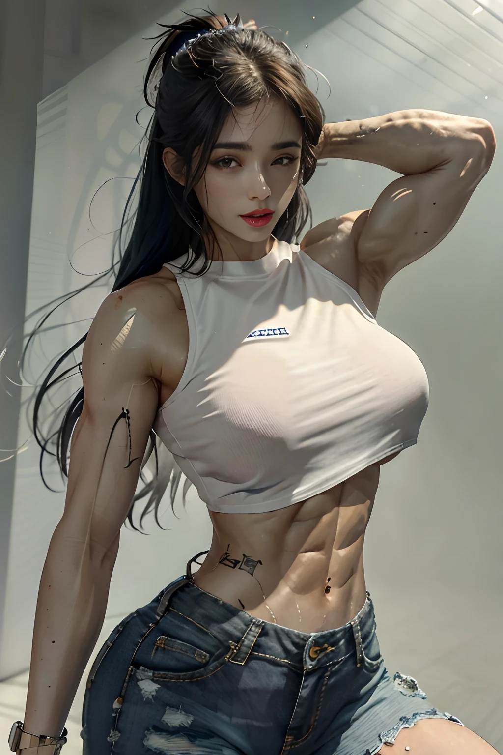 girl, bangs, bare shoulders, black pants, extra huge breasts, breasts squeezed together, gray background, hair between eyes, long hair, view viewer, super short pants, parted lips, red eyes, camisole vest, simple background, sleeveless, sleeveless shirt, solo, , v-arms, white hair, (shiny skin), (masterpiece: 1.4), (best quality: 1.4), ,,, Facigirl, red lips, perfect abs, navel, (:1.5), (transparent areola), , extra huge, sweat,