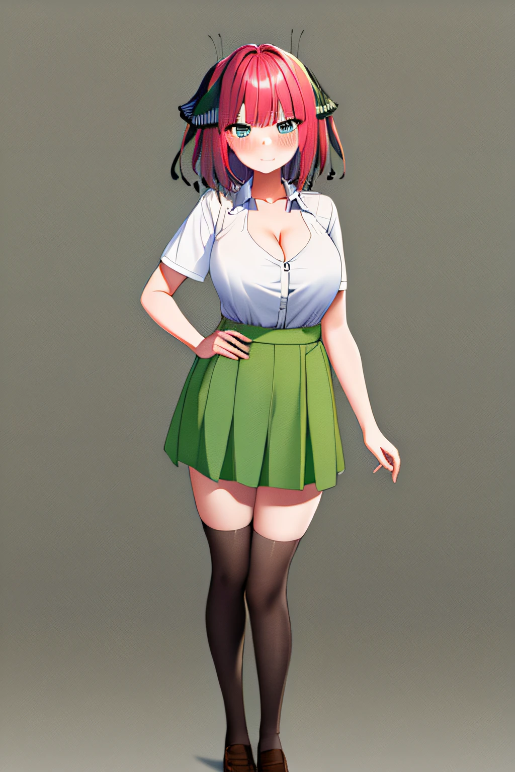 masterpiece, best quality, highres, nn1, 1girl, hair ribbon, short hair, large breasts, cleavage, green skirt, white shirt, collared shirt, open clothes, black thighhighs, short sleeves, skirt lift, annoyed, blush, full body, standing,