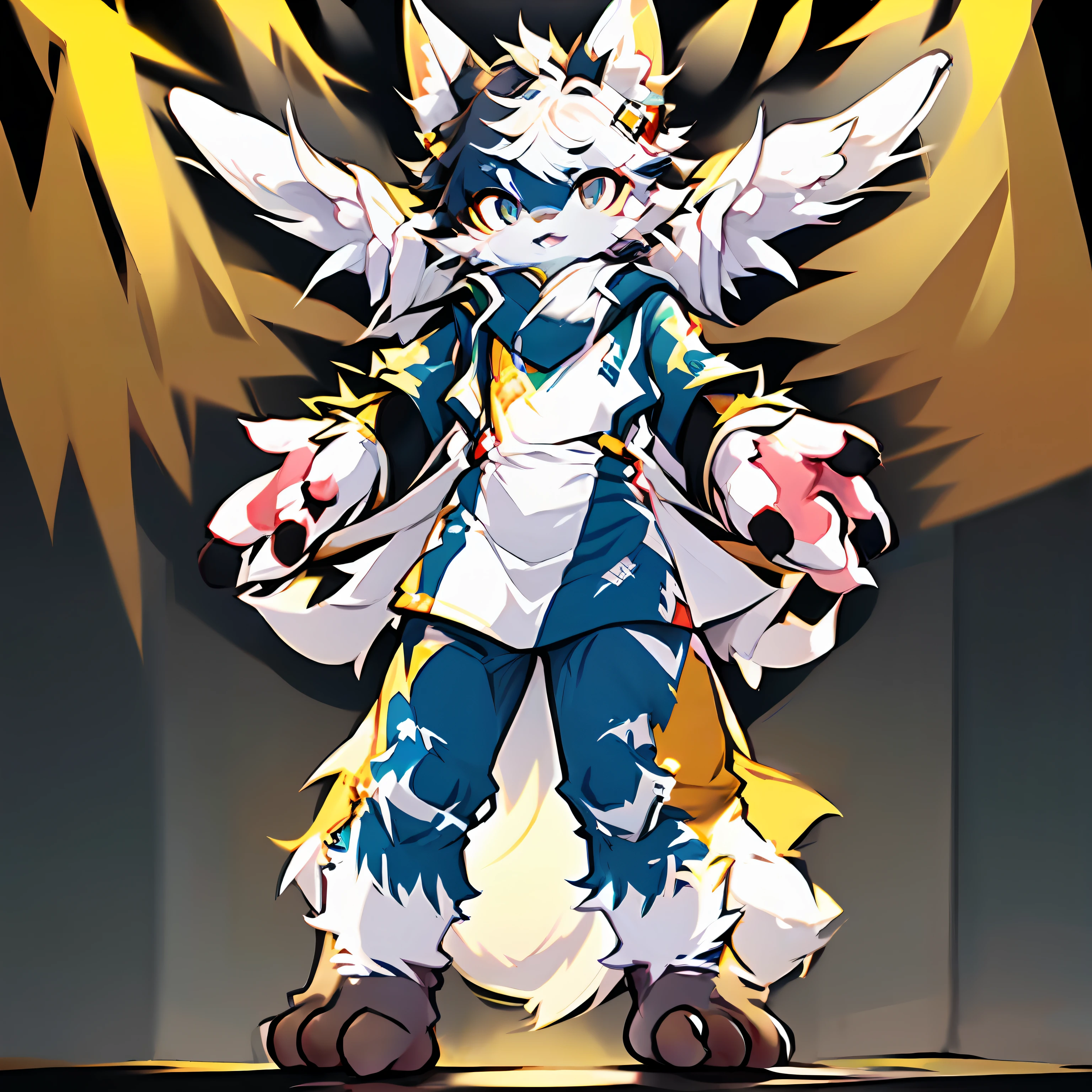 Furry cat forelimbs, hands, hind limbs, legs and feet, standing Shota Little boy Overall white head, Arms, Black pattern on body and legs Pink flesh pads all over Yellow-blue eyes Mandarin duck eyes Furry No clothes Two ears Furry chest Off-white fur Facing the audience
