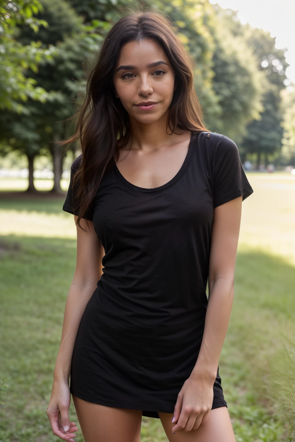 RAW photo, a close up portrait photo full body front view of 25 y.o woman (((wearing a men's plain t-shirt as a dress))), (((wearing men's plain black loose-fitting t-shirt, dressing))) (((men's plain loose-fitting t-shirt in black color:1.2))), (((short sleeve t-shirt, big men´s plain t-shirt))), (bare legs, leg showing, t-shirt covering legs), ((marked hard nipples, nipple marking)), (((excited chest))), shazglow, wavy brown hair, short haircut, pale skin, slim toned body, dream shot, dramatic pose, staring directly at camera, intense gaze, slight smile, portrait, cropping half body, half body photo, full-body shot, ((facing the camera, front view)), detailed texture of the skin, standing at the park, (high detailed skin:1.2), 8k uhd, dslr, soft lighting, high quality, film grain, Fujifilm XT3