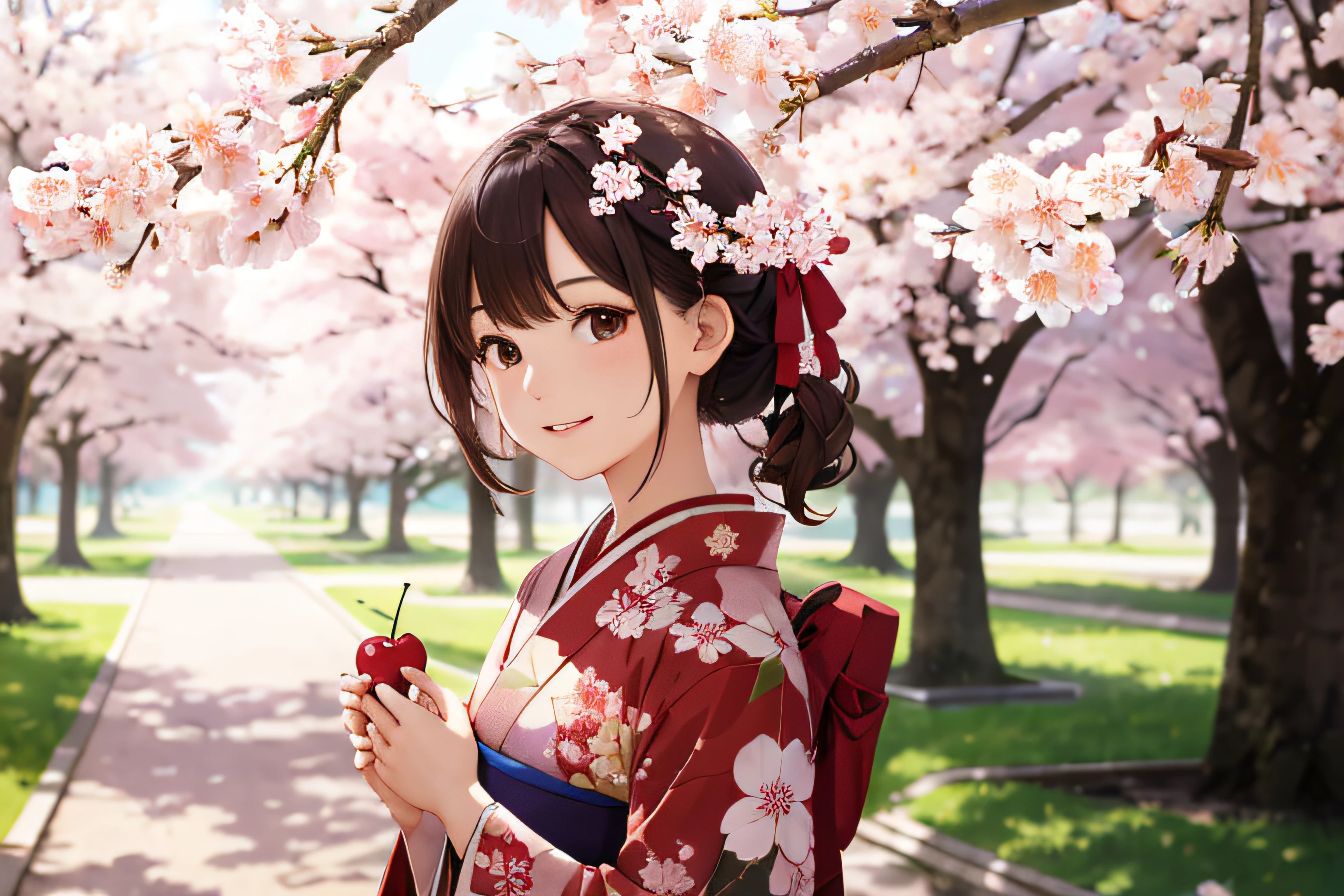 springtime，beautiful  Girl（1girll：1.3），hight resolution，ultra - detailed，Sakura，The cherry tree，Red kimono，Noon time，Sakura blizzard、Focus on the subtle details and atmosphere of the scene。