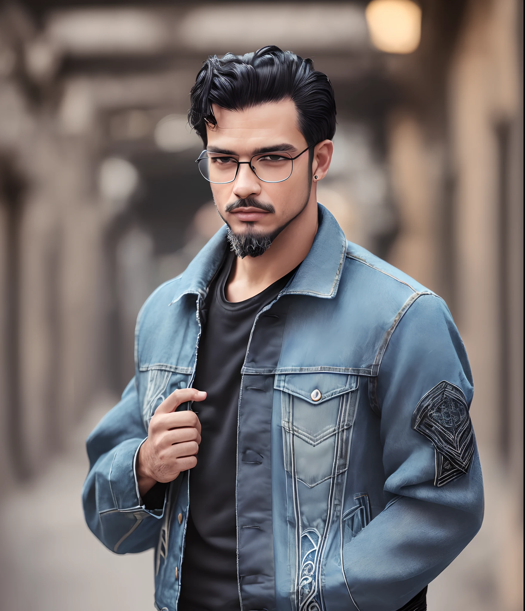((( A man wearing a denim jacket, with a perfect and detailed face, serene gaze, intricate black hair, and sporting prescription glasses, along with a goatee beard ))), ((4k, dreamlike, UHD, intricate, cinematic lighting, blurred background)). --auto --s2