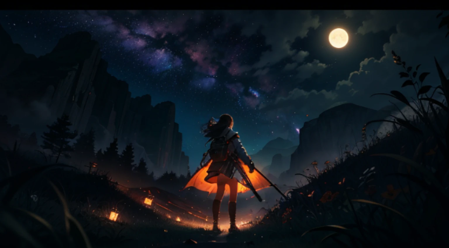 expansive landscape photograph , (a view from below that shows sky above and open field below), a girl standing on flower field looking up, (full moon:1.2), ( shooting stars:0.9), (nebula:1.3), distant mountain, tree BREAK
production art, (warm light source:1.2), (Firefly:1.2), lamp, lot of purple and orange, intricate details, volumetric lighting BREAK
(masterpiece:1.2), (best quality), 4k, ultra-detailed, (dynamic composition:1.4), highly detailed, colorful details,( iridescent colors:1.2), (glowing lighting, atmospheric lighting), dreamy, magical, (solo:1.2)