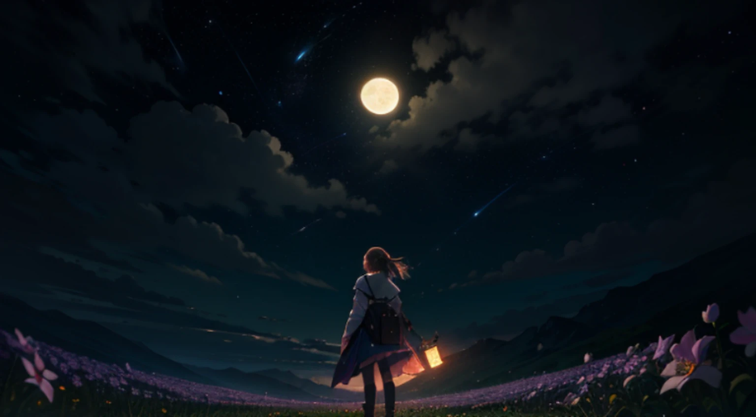 expansive landscape photograph , (a view from below that shows sky above and open field below), a girl standing on flower field looking up, (full moon:1.2), ( shooting stars:0.9), (nebula:1.3), distant mountain, tree BREAK
production art, (warm light source:1.2), (Firefly:1.2), lamp, lot of purple and orange, intricate details, volumetric lighting BREAK
(masterpiece:1.2), (best quality), 4k, ultra-detailed, (dynamic composition:1.4), highly detailed, colorful details,( iridescent colors:1.2), (glowing lighting, atmospheric lighting), dreamy, magical, (solo:1.2)