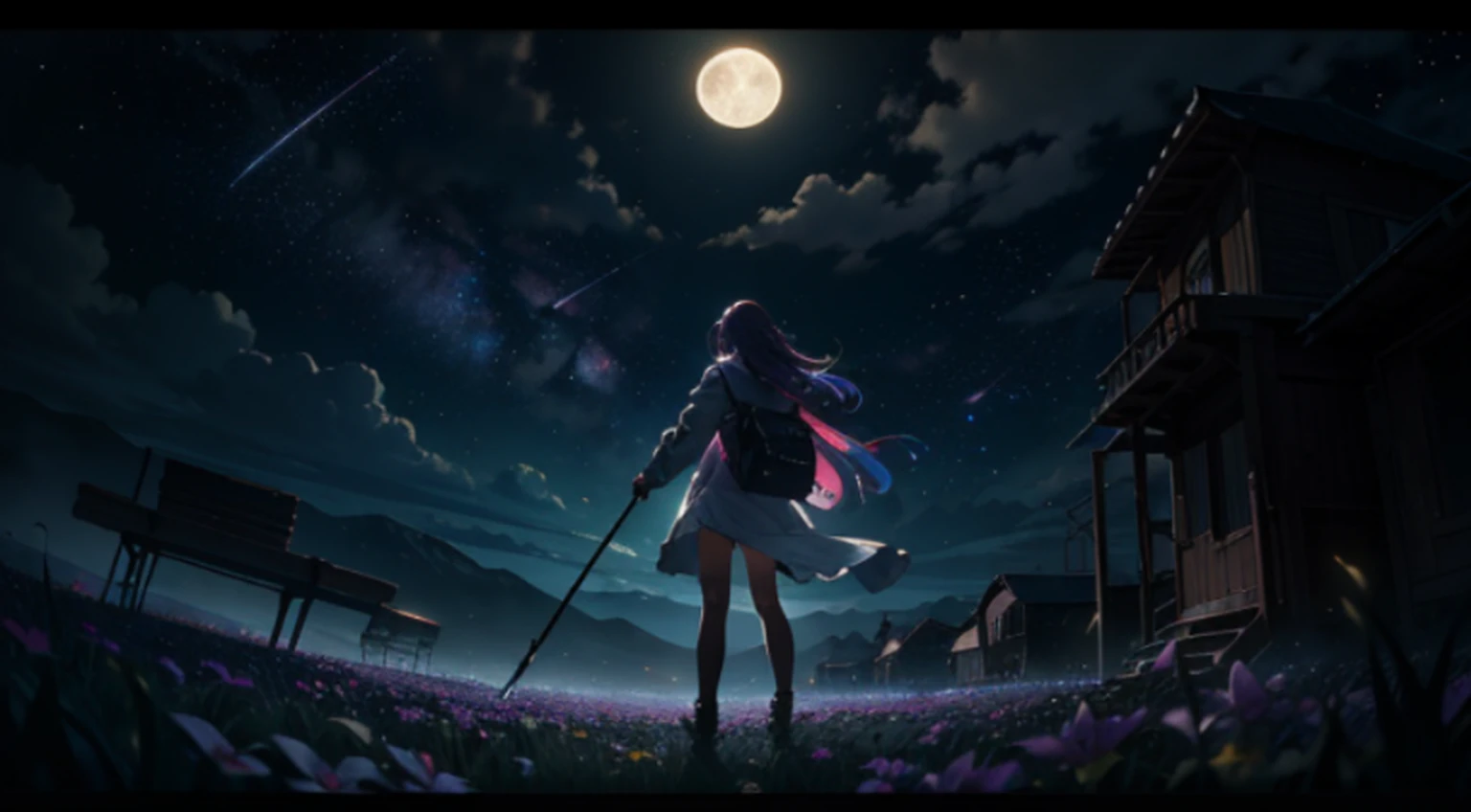 expansive landscape photograph , (a view from below that shows sky above and open field below), a girl standing on flower field looking up, (full moon:1.2), ( shooting stars:0.9), (nebula:1.3), distant mountain, tree BREAK
production art, (warm light source:1.2), (Firefly:1.2), lamp, lot of purple and orange, intricate details, volumetric lighting BREAK
(masterpiece:1.2), (best quality), 4k, ultra-detailed, (dynamic composition:1.4), highly detailed, colorful details,( iridescent colors:1.2), (glowing lighting, atmospheric lighting), dreamy, magical, (solo:1.2)