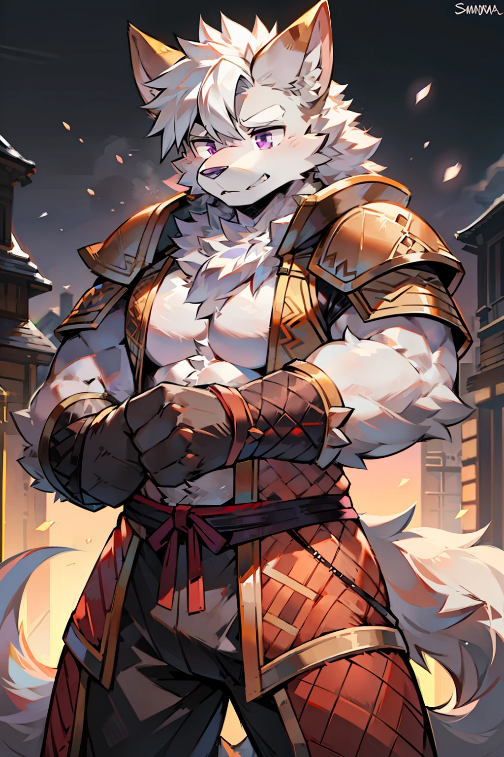 shaggy male，hairy chest，coyote，canid，Gray fur，long  white hair，The ends of the hair are purple，a purple eye，Bullied，adolable，Handsome，large tail，full bodyesbian，samurais，is dressed in armor，stretched action