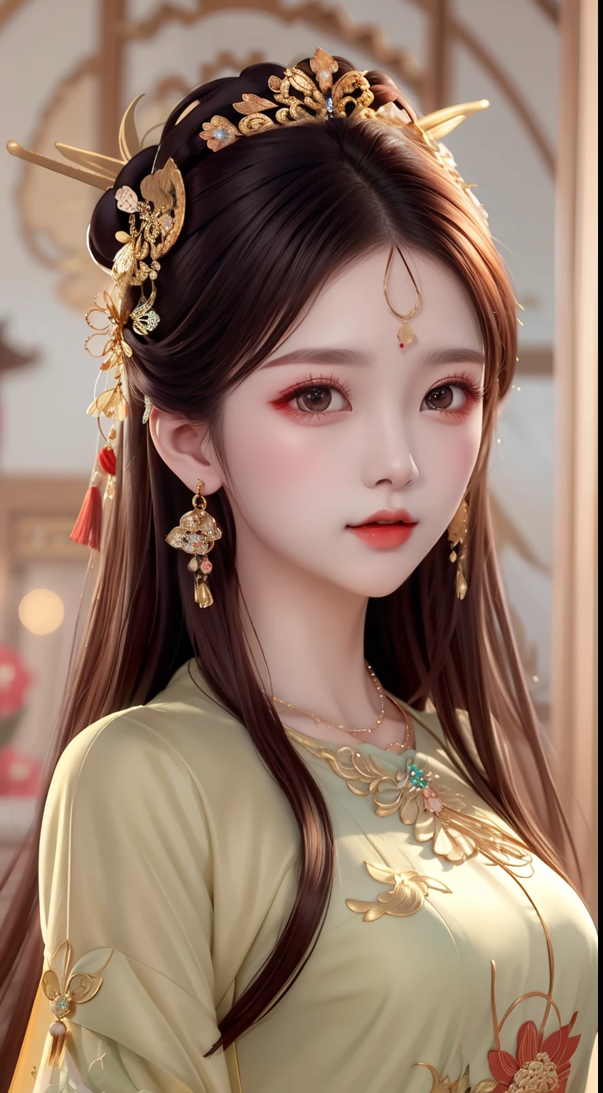 best quality, masterpiece, Beautiful face,1girl, long_hair, solo, upper_body, china dress,dress,hair ornament, necklace, jewelry, long hair, earrings, chinese clothes