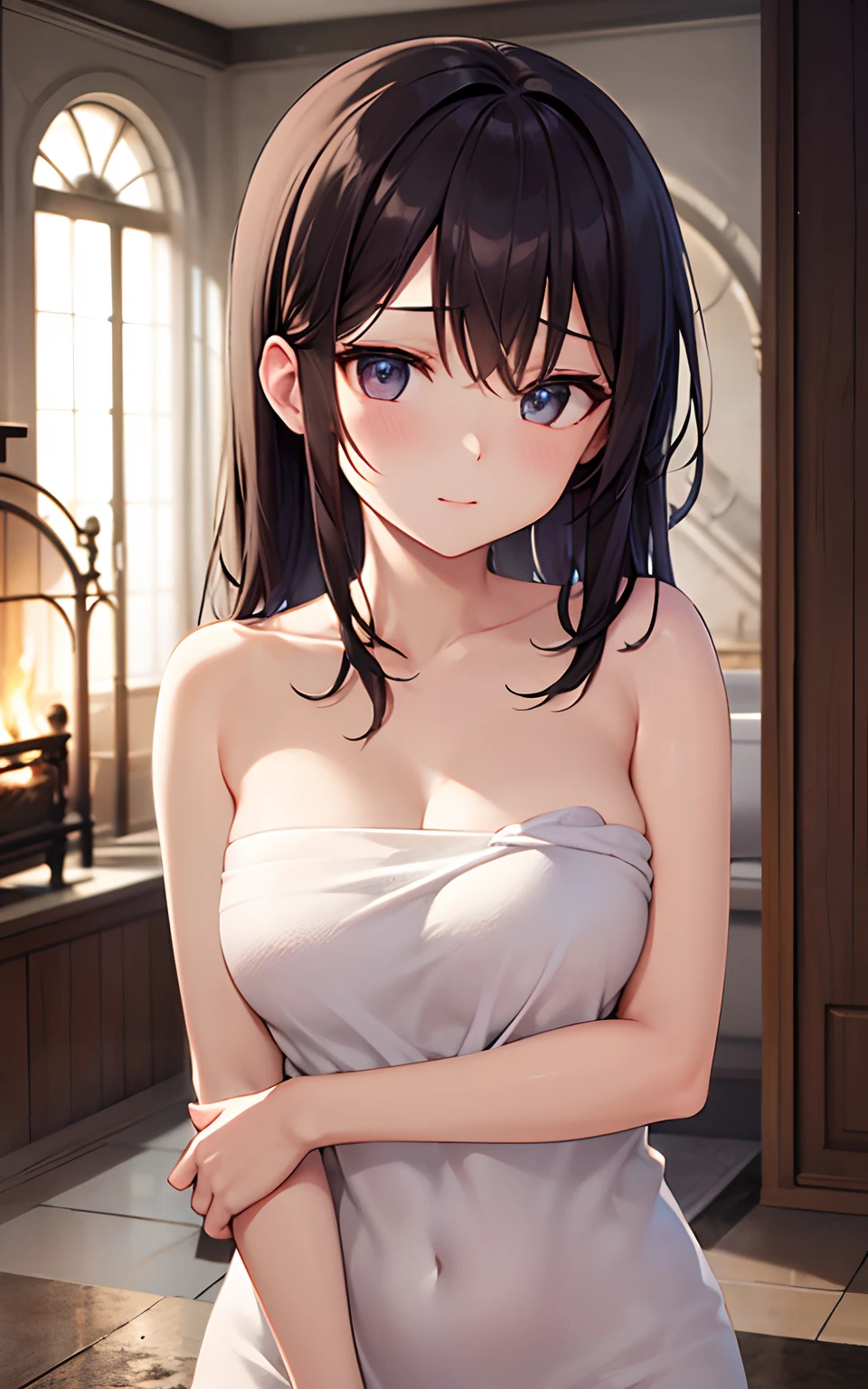 top-quality、hight resolution、detaileds、tits out、teats、NSFW、a beauty girl、Upper body visible、Upper body naked、fantasy worlds、Stone closed room、bath towels、After taking a bath、In front of the fireplace、Fireplace Lights、dim room、