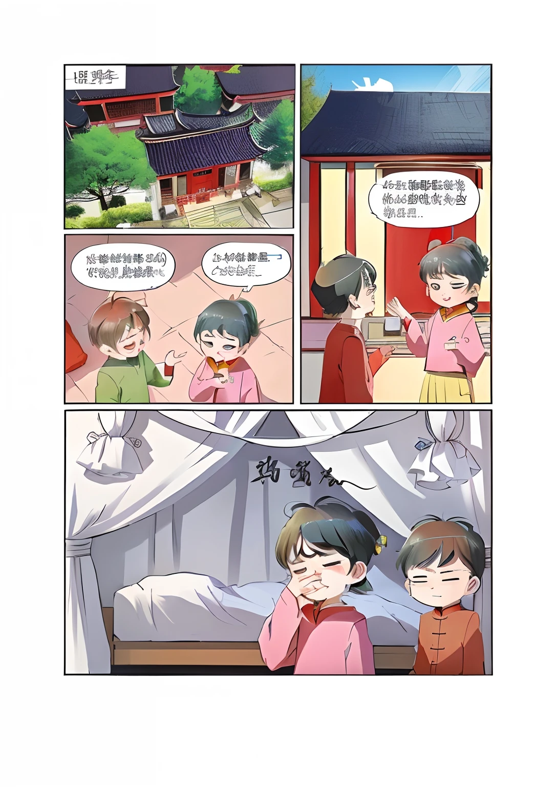 Cartoon caricature of a woman and a man in bed, color comic, inspired by Chen Daofu, full color manga visual style, Inspired by Bian Shoumin, color comic, comic page, comic page, Comic book inside page, inspired by Ma Yuanyu, Middle metaverse, childhood friend, fantrome, Chinese style