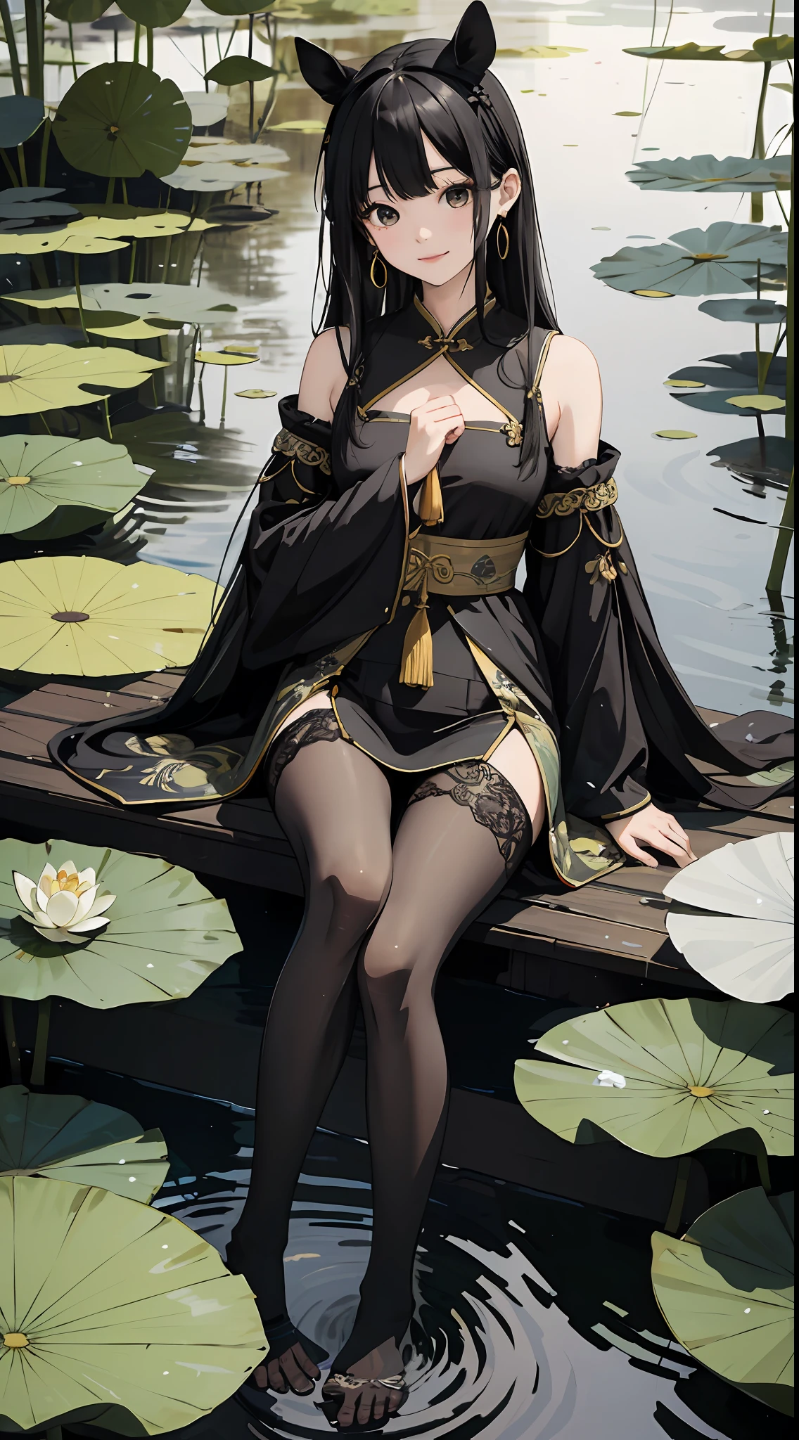 hoang lap,A high resolution,ultra - detailed,photo-realistic(1girll:1.3),handpainted,Simple lines,16-year-old girl wearing black Chinese clothing,beuaty girl,In the lotus pond,tmasterpiece,sitting on a big lotus leaf,floating clothes,black pantyhoses,black pantyhoses,ssmile,looking toward the viewer,Large chest,Raised sexy,dual horsetail,Black hair