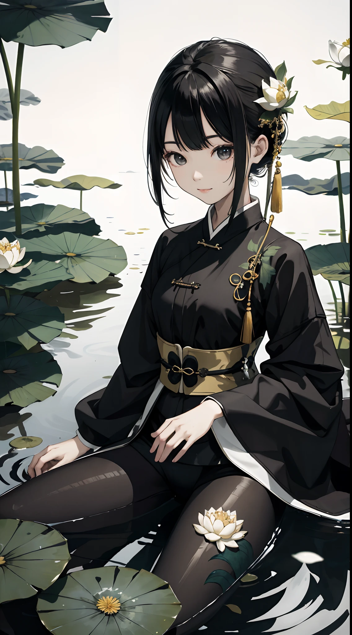 hoang lap,A high resolution,ultra - detailed,photo-realistic(1girll:1.3),handpainted,Simple lines,-yeld giwearing black Chinese clothing,beuaty girl,In the lotus pond,tmasterpiece,sitting on a big lotus leaf,floating clothes,black pantyhoses,black pantyhoses,ssmile,looking toward the viewer,Large chest,Raised sexy,dual horsetail,Black hair