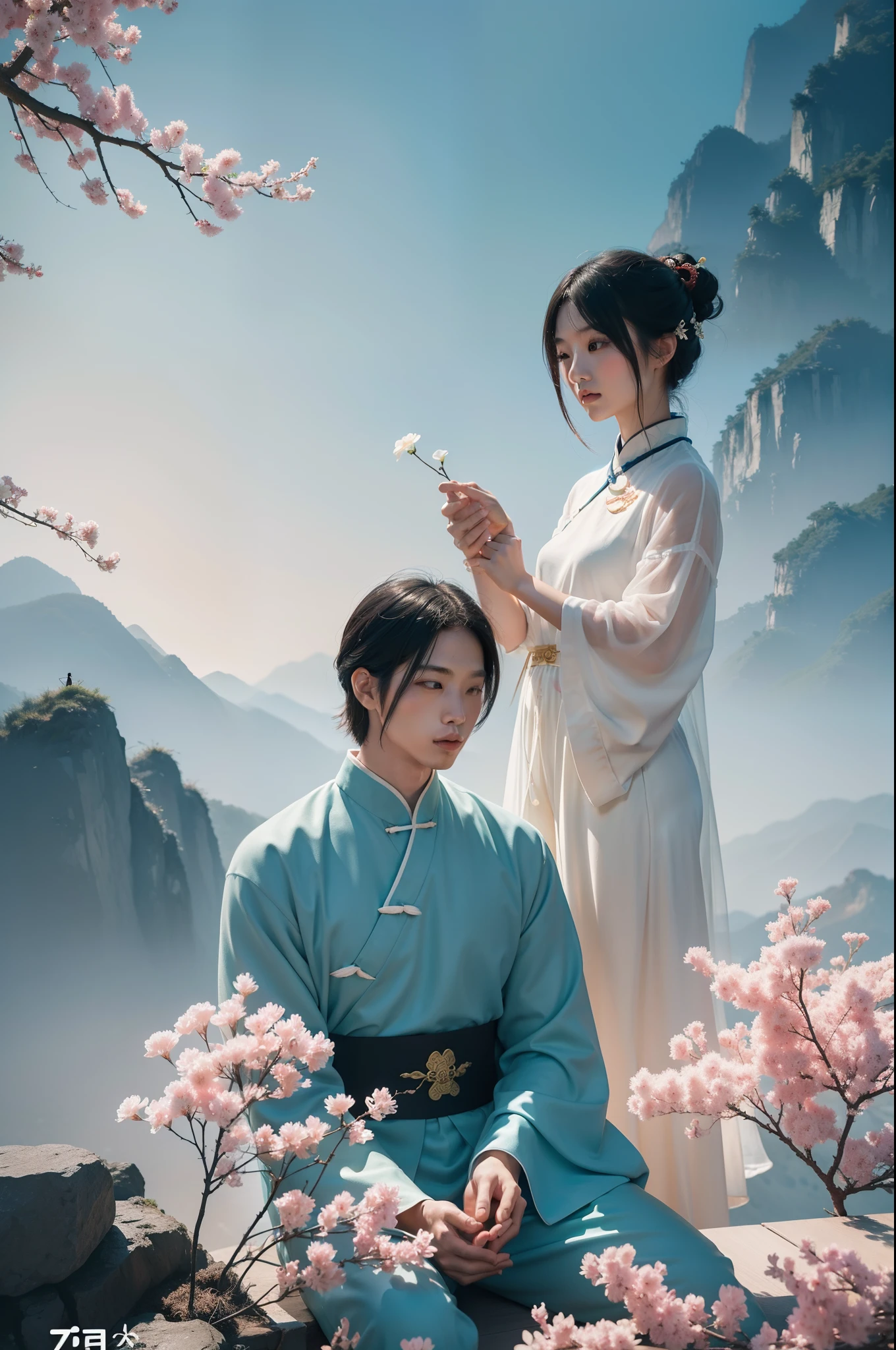 A Chinese couple,Tanabata, Magpie, Chinese landscape, abstract painting, Zen,Amy Sol style, cover art with light abstraction,simple vector art, contemporary Chinese art, color gradients, soft color palettes ,layered forms, whimsical animation, style Ethereal abstract --q2