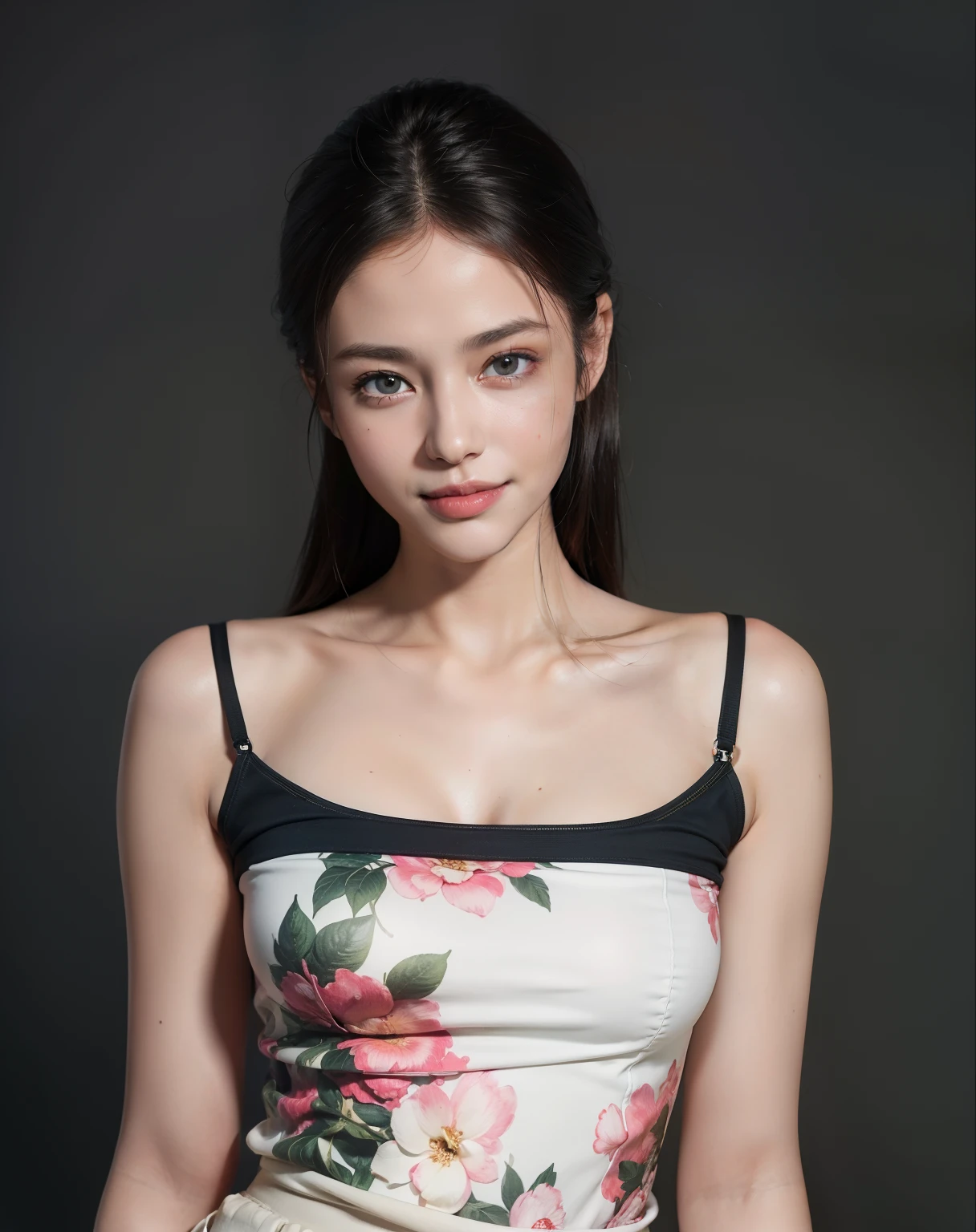 (8k, RAW photo, best quality, masterpiece:1.2), (realistic, photo-realistic:1.37), ultra-detailed, ultra high res,1 girl,looking at viewer,beautiful detailed face,smile,narrow,(slim waist:1.3),shirt, beautiful detailed skin, skin texture, floating hair,professional lighting,