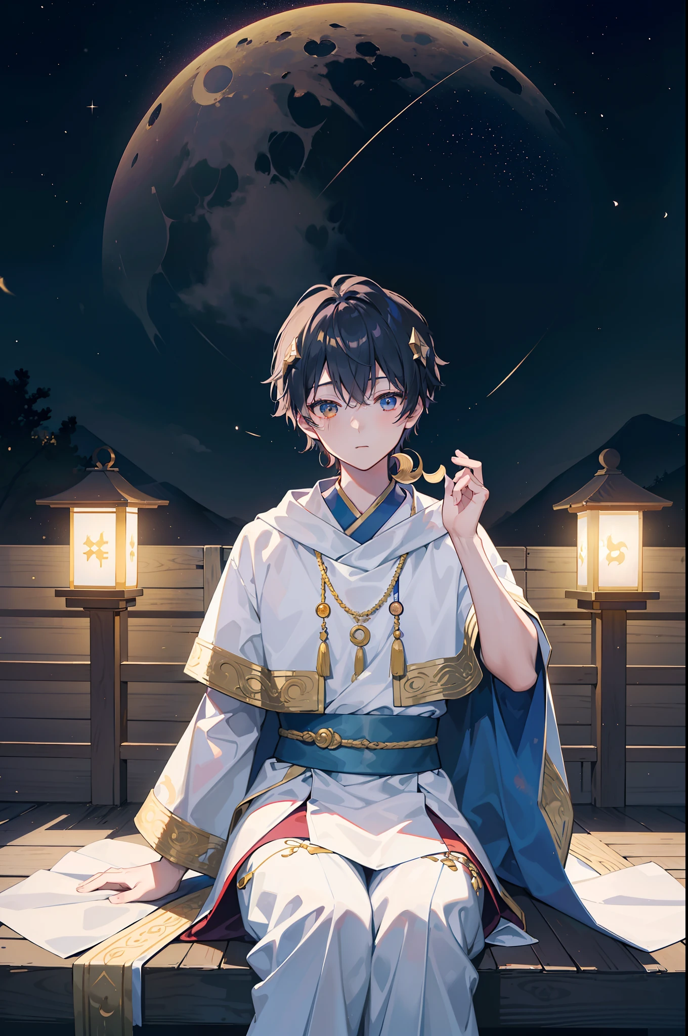 (top-quality、masterpiece)、(1boy、独奏、Physical education sitting、watching at viewers、)One boy sitting on a crescent moon、Dressed in national costume、ear ornament、Dressed in a traditional poncho、Mash、magic carpet、Physical education sitting、Very beautiful starry sky background、a moon、glinting、optic、Lantern Dynamic、